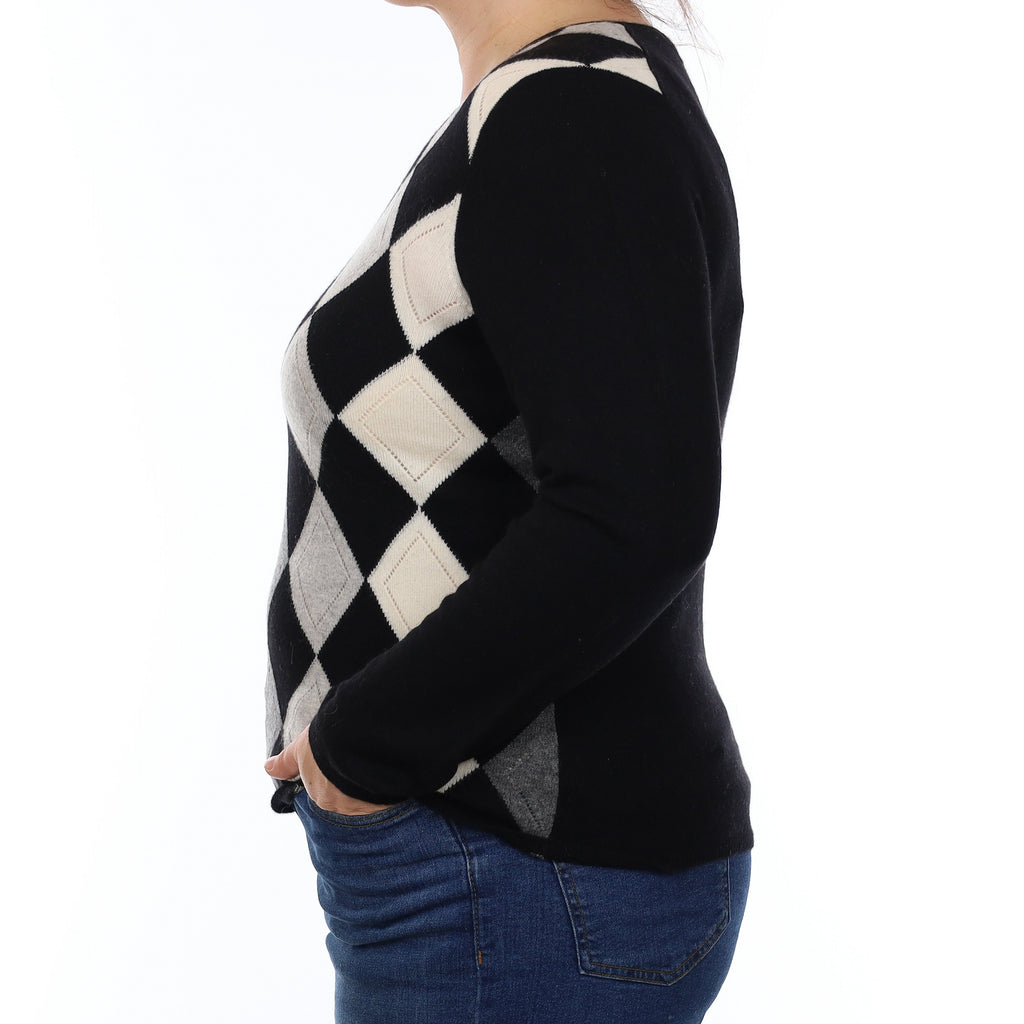 Black and Grey Diamond Cashmere V Neck Jumper Large