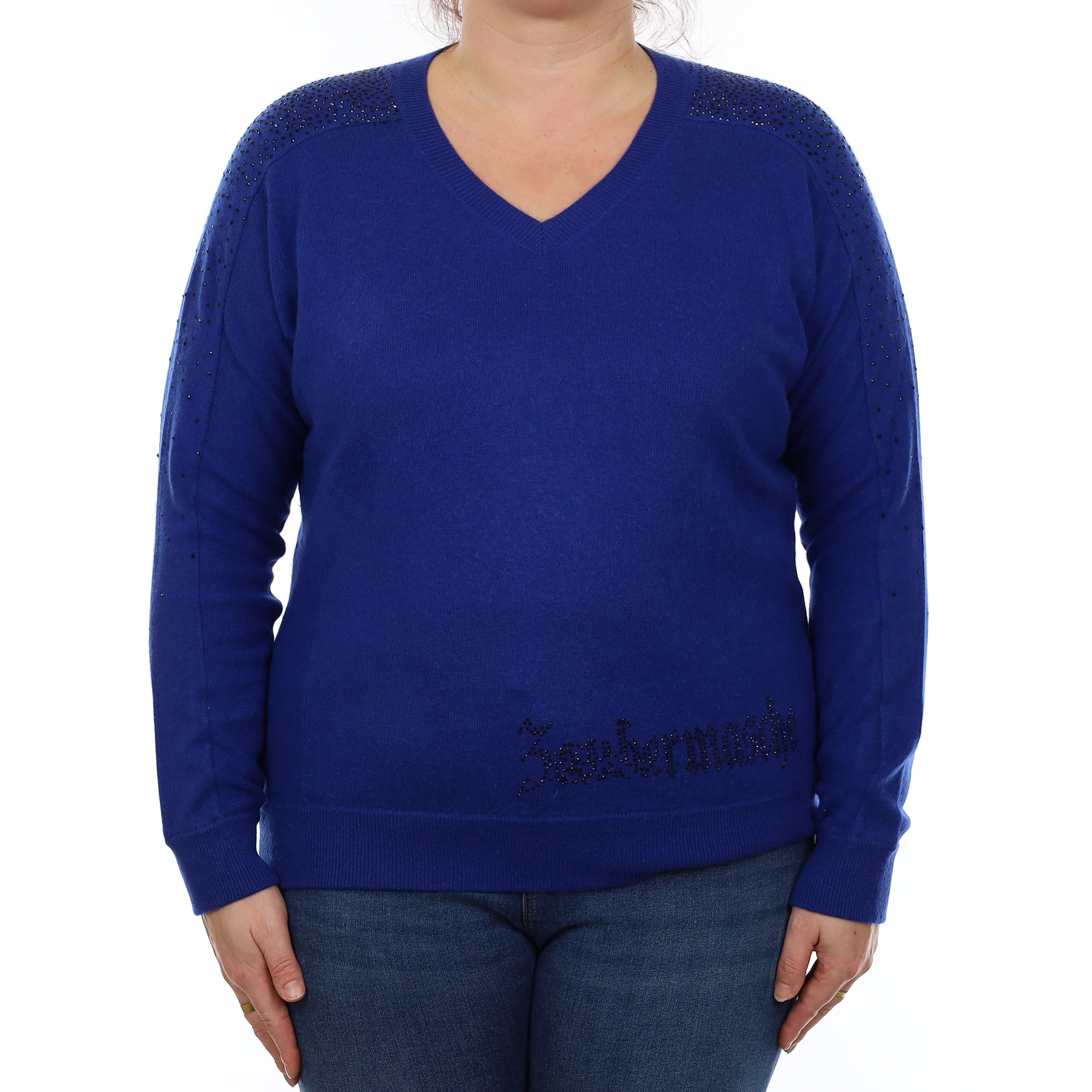 Royal Blue Diamanté Embellished Cashmere V Neck Jumper Large