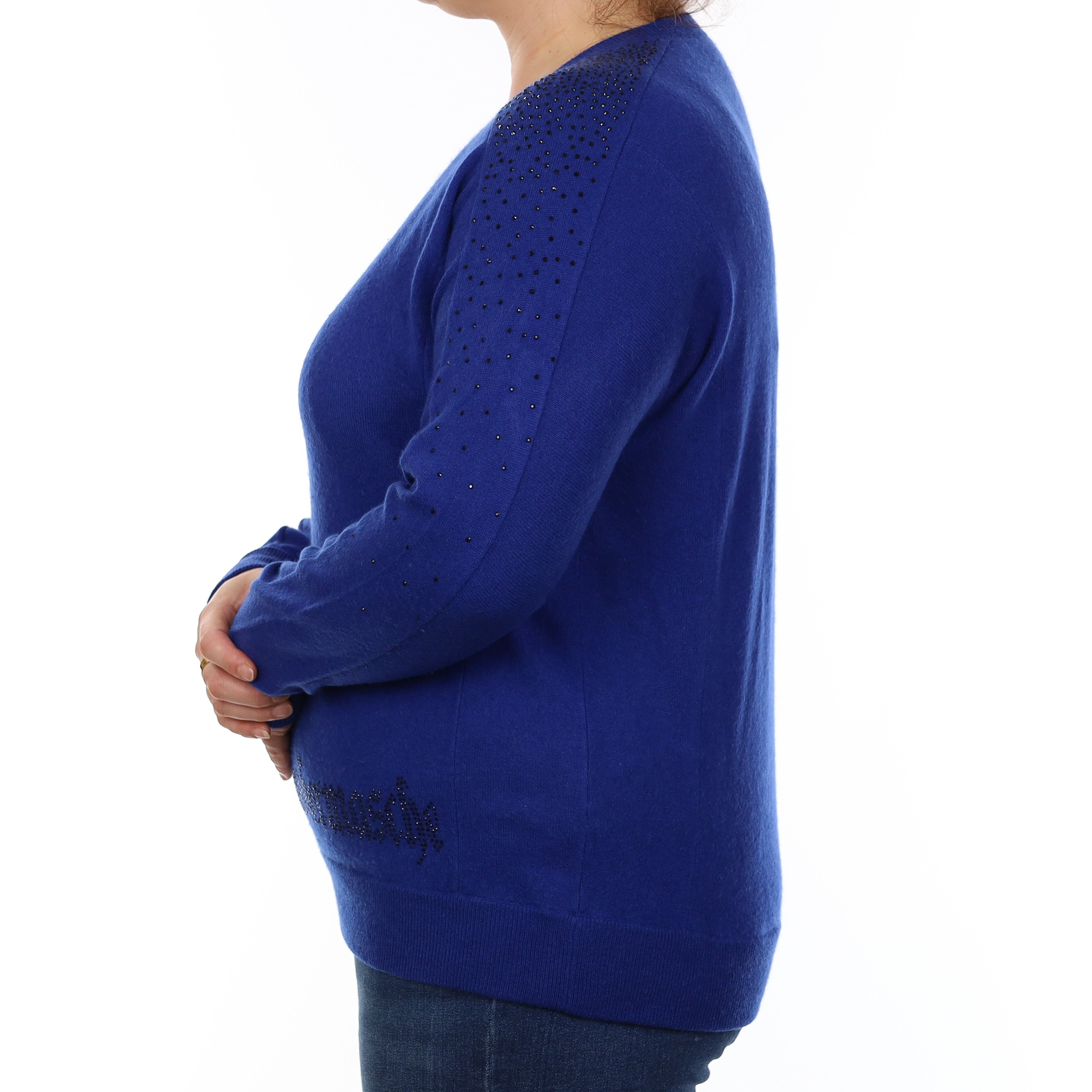 Royal Blue Diamanté Embellished Cashmere V Neck Jumper Large