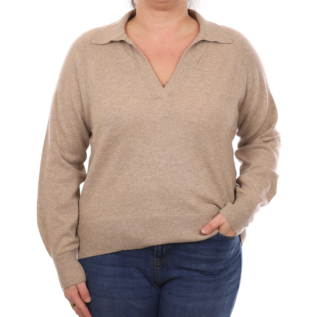 Biscuit Brown Cashmere Collared V Neck Jumper Large
