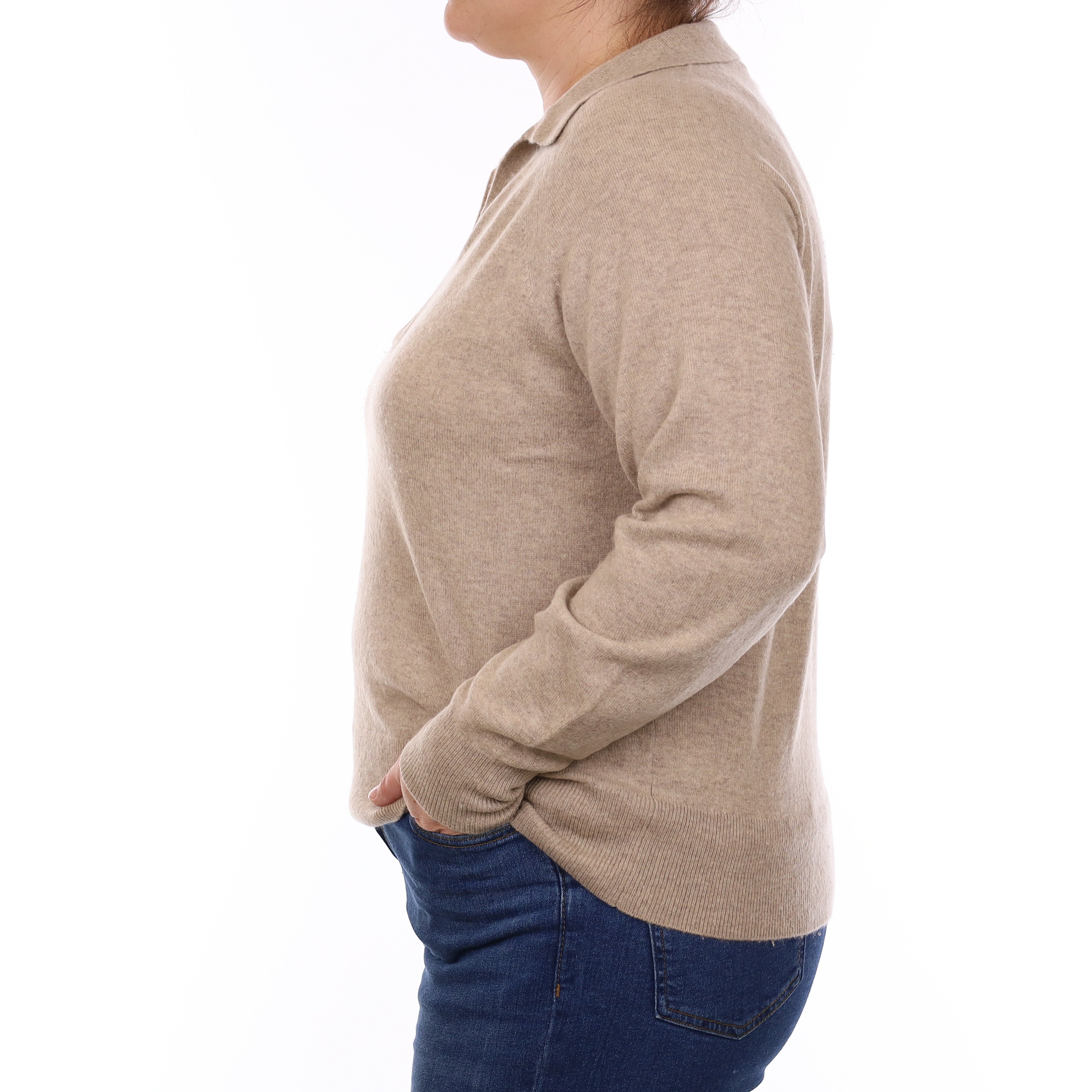 Biscuit Brown Cashmere Collared V Neck Jumper Large