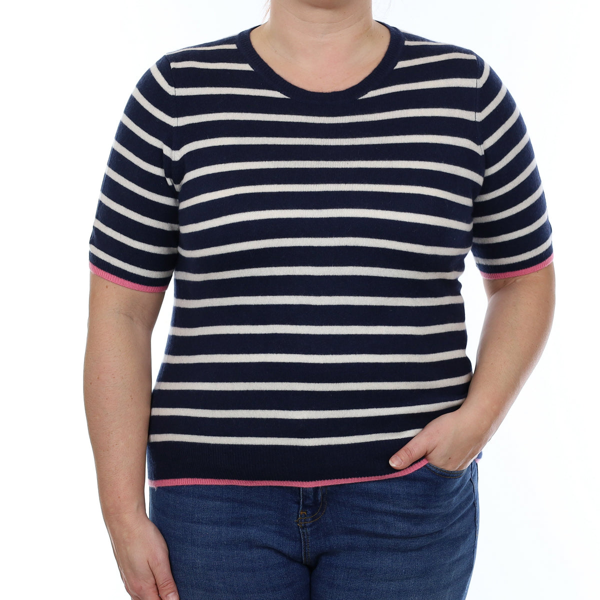 Navy and Ivory Stripe Cashmere Short Sleeve Crew Neck Jumper Large
