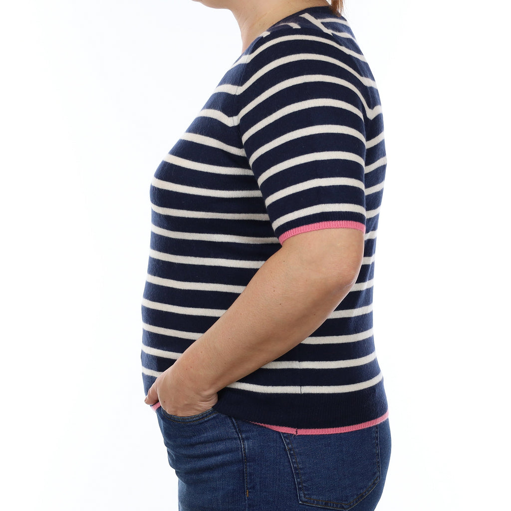 Navy and Ivory Stripe Cashmere Short Sleeve Crew Neck Jumper Large