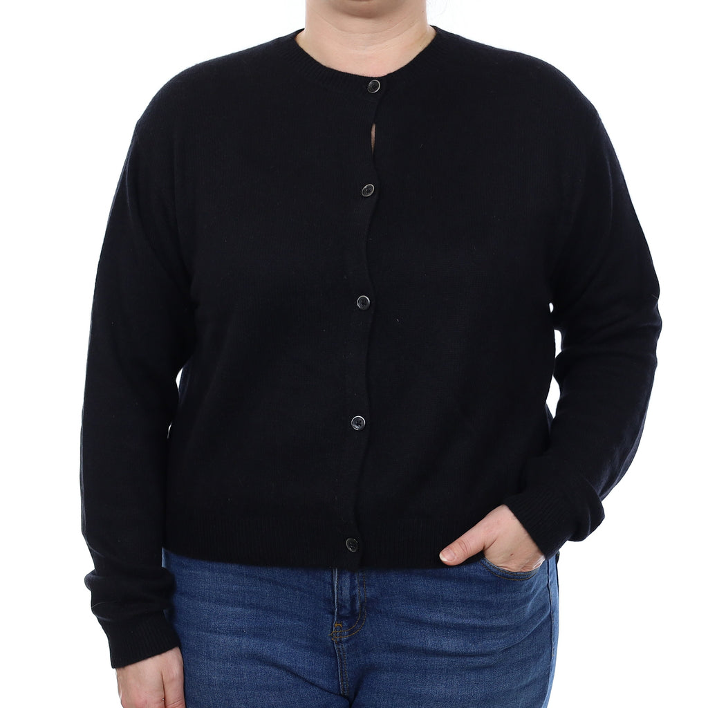 Black Cashmere Boxy Crew Neck Cardigan Large