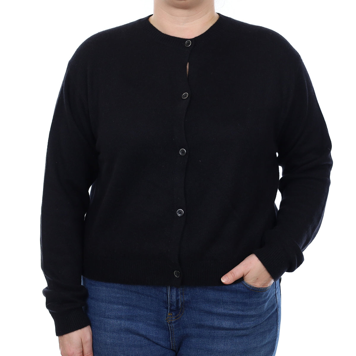 Black Cashmere Boxy Crew Neck Cardigan Large