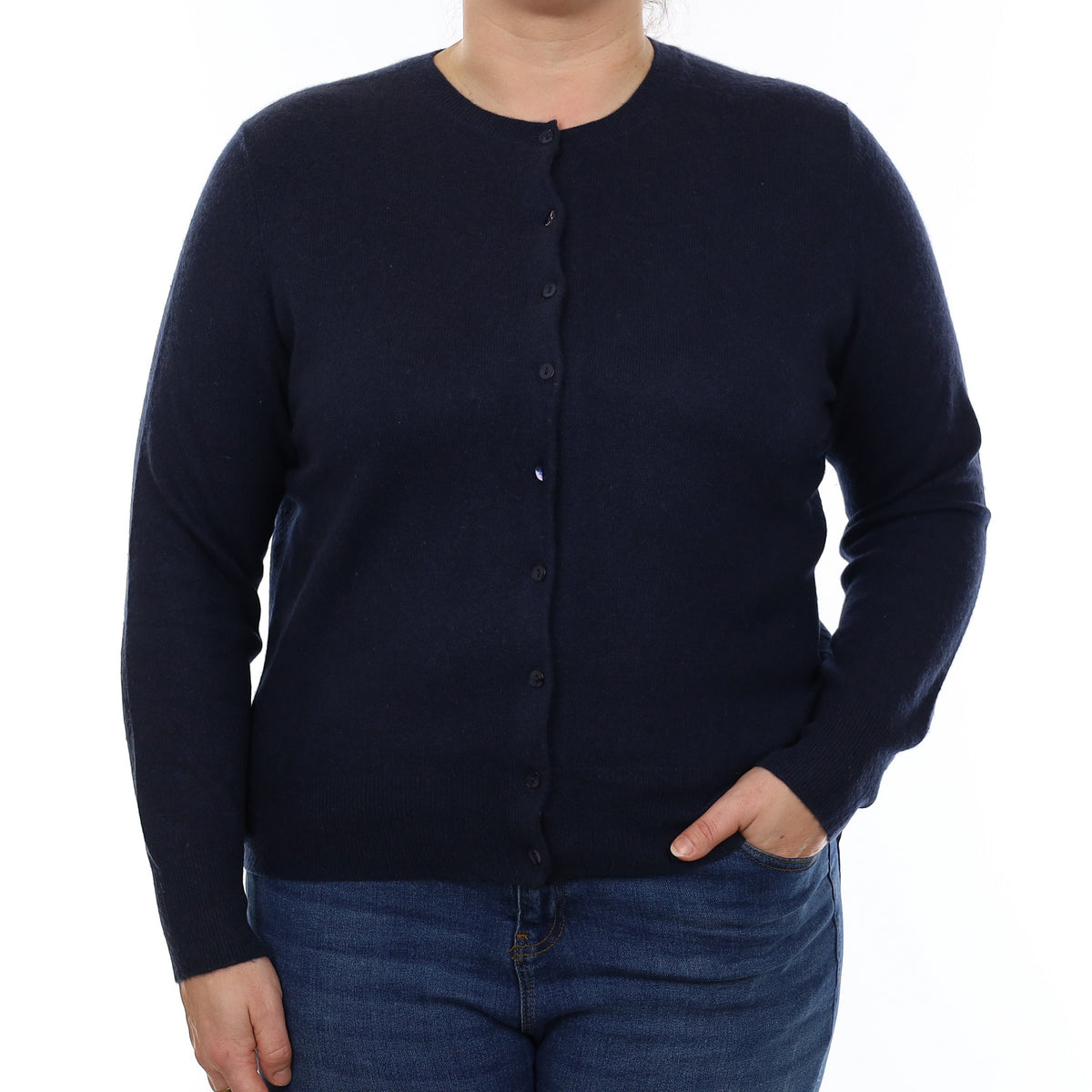 Navy Blue Cashmere Crew Neck Cardigan Large