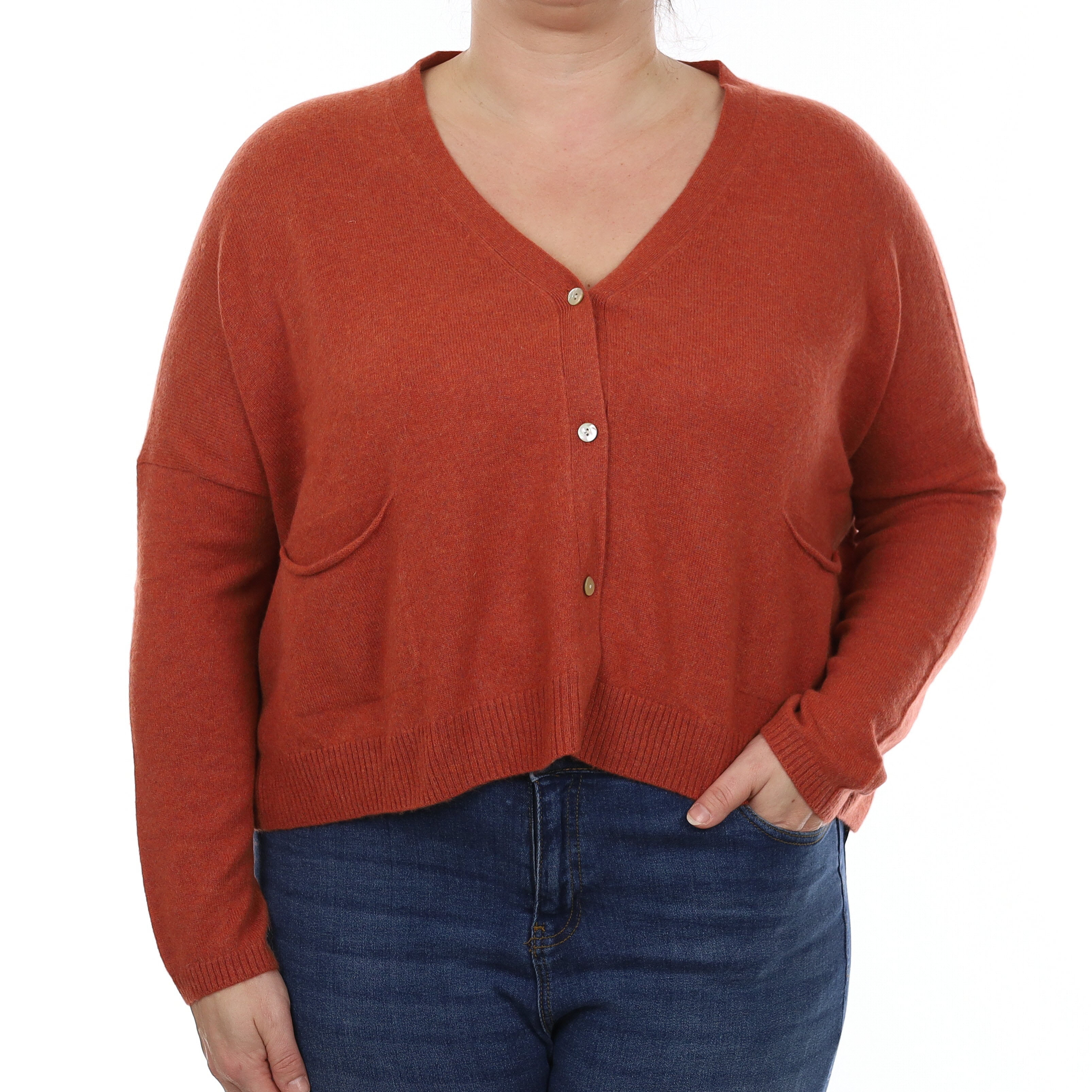 Burnt Orange Cashmere Slouchy Cropped Cardigan with Pockets Large