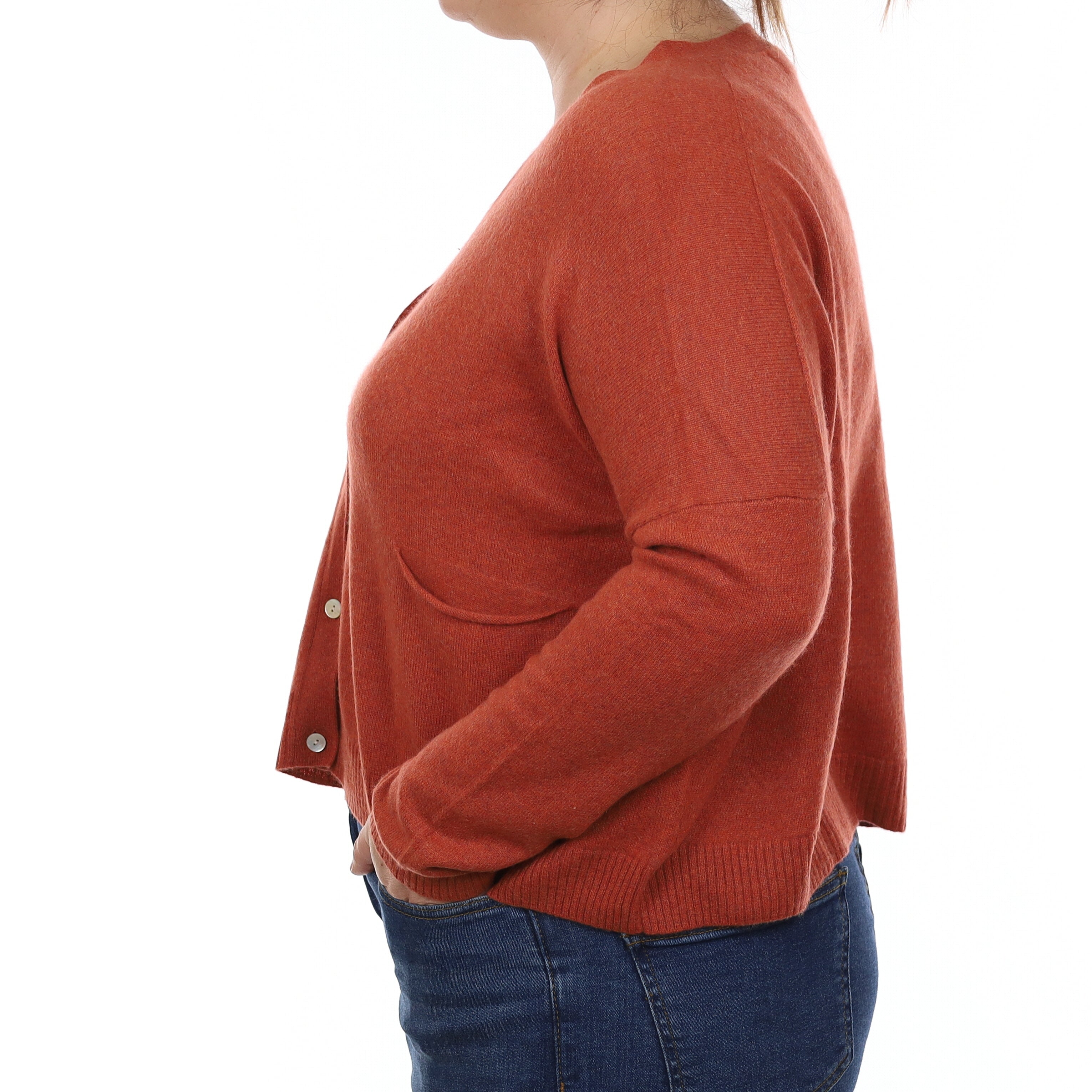 Burnt Orange Cashmere Slouchy Cropped Cardigan with Pockets Large