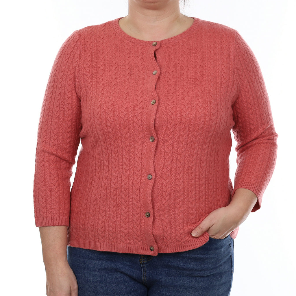 Salmon Pink Cable Cashmere Crew Neck Cardigan Large