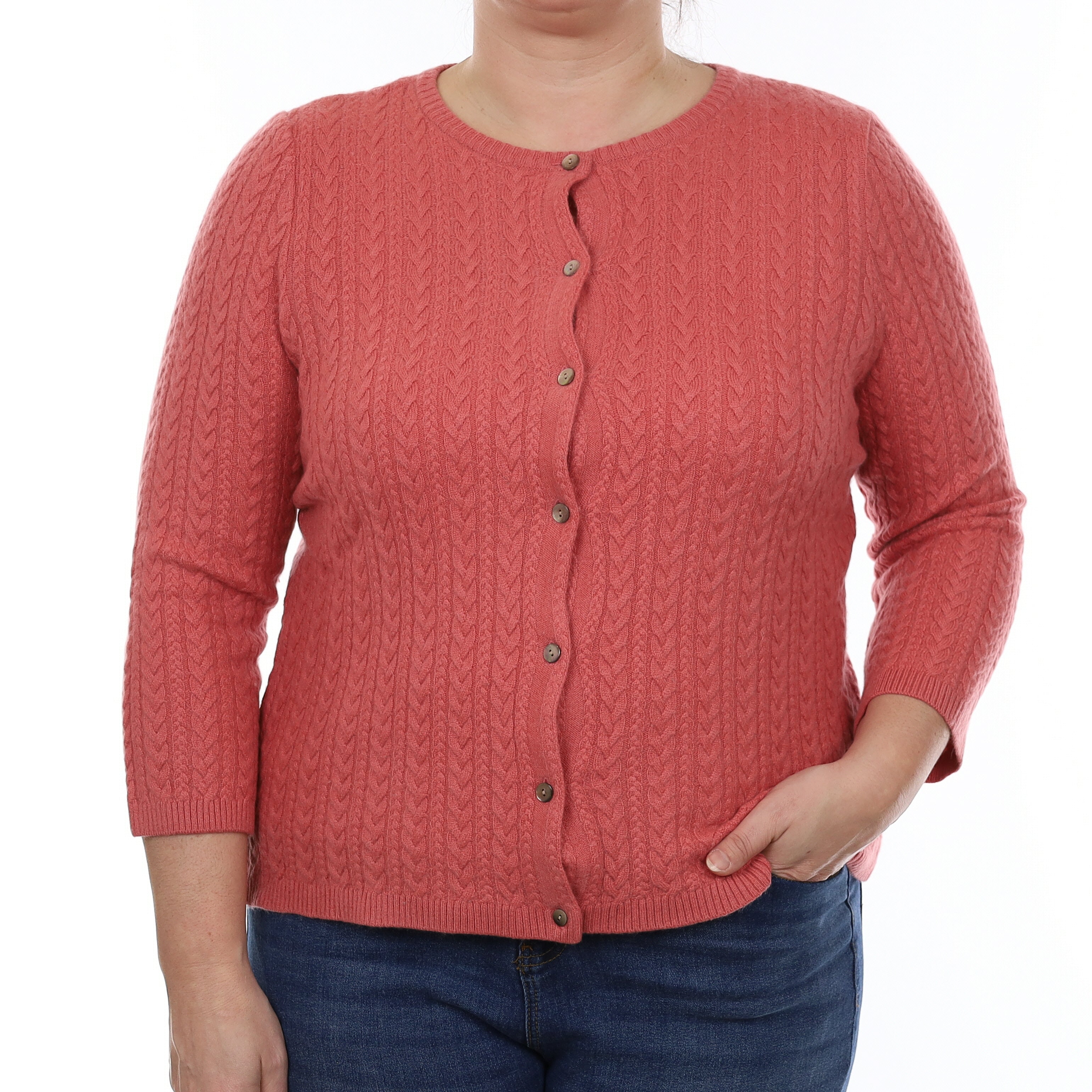 Salmon Pink Cable Cashmere Crew Neck Cardigan Large