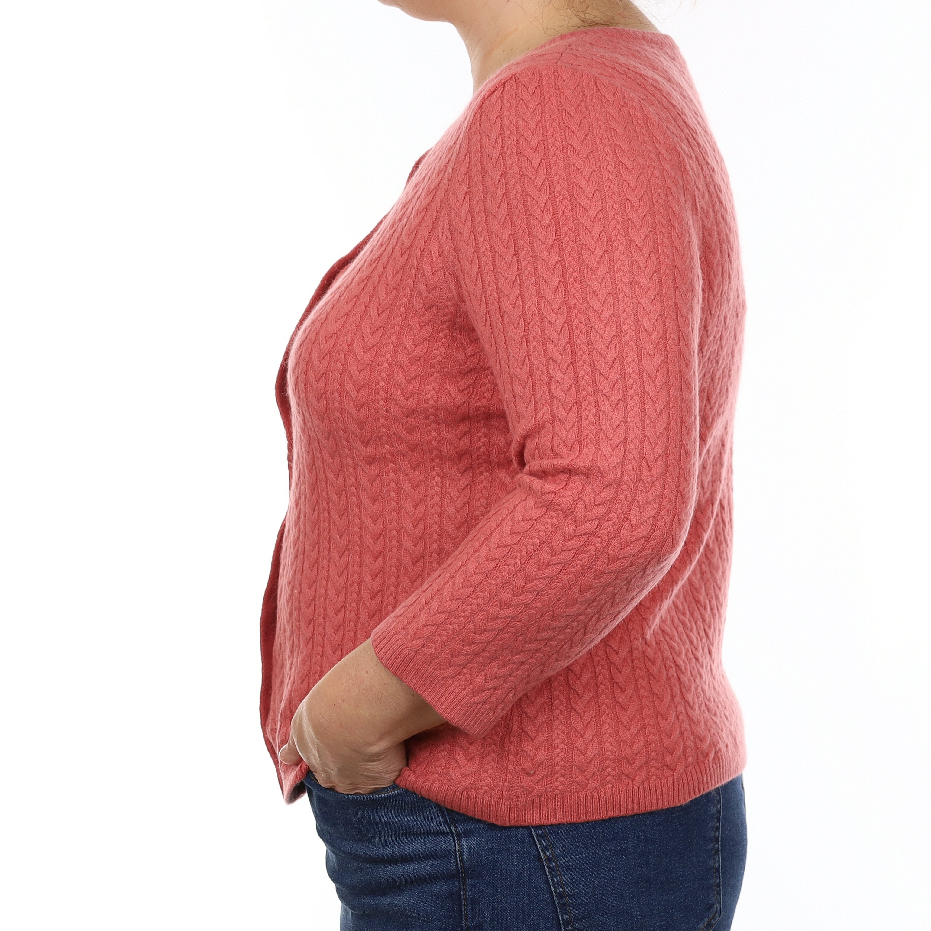 Salmon Pink Cable Cashmere Crew Neck Cardigan Large