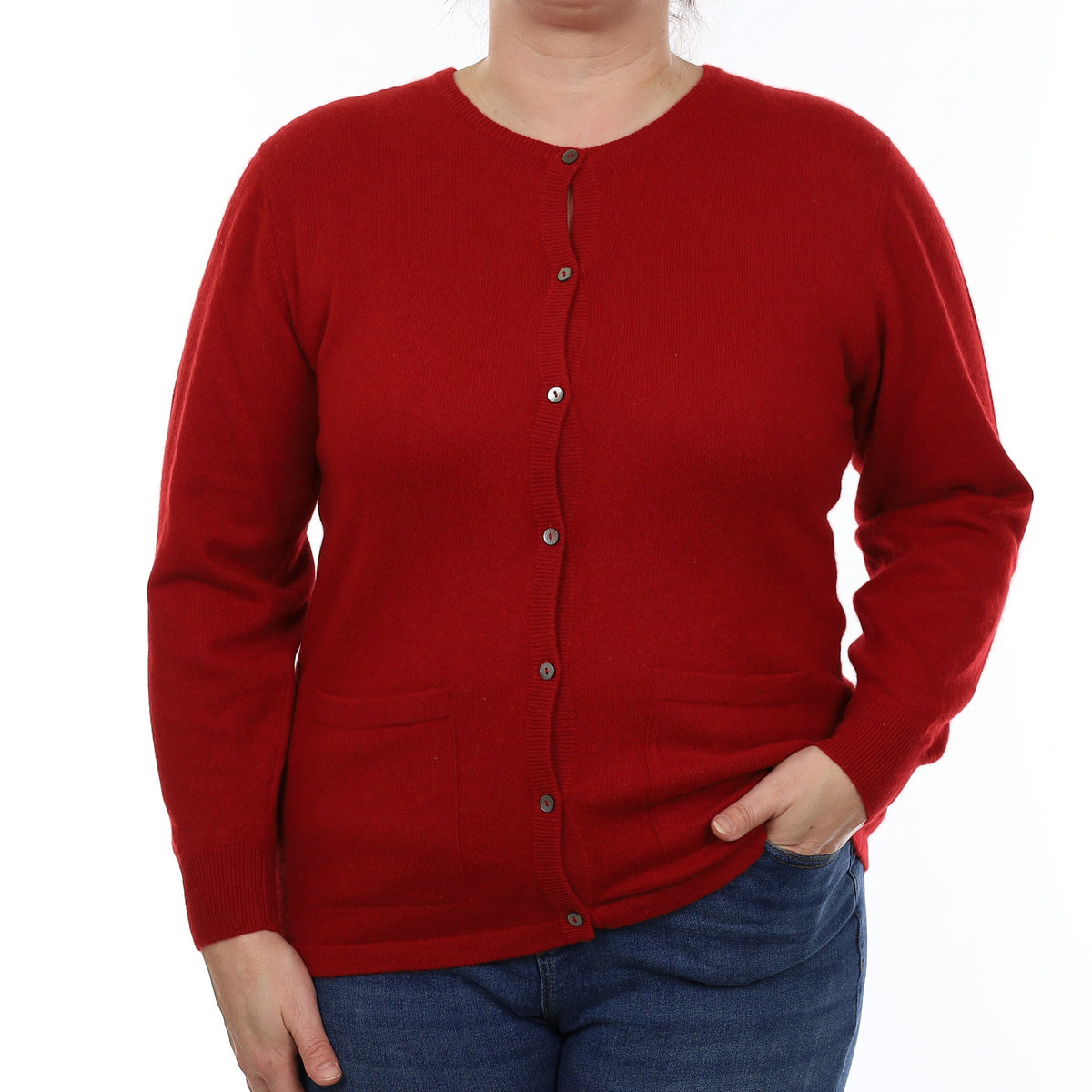 Crimson Red Cashmere Crew Neck Cardigan with Pockets Large