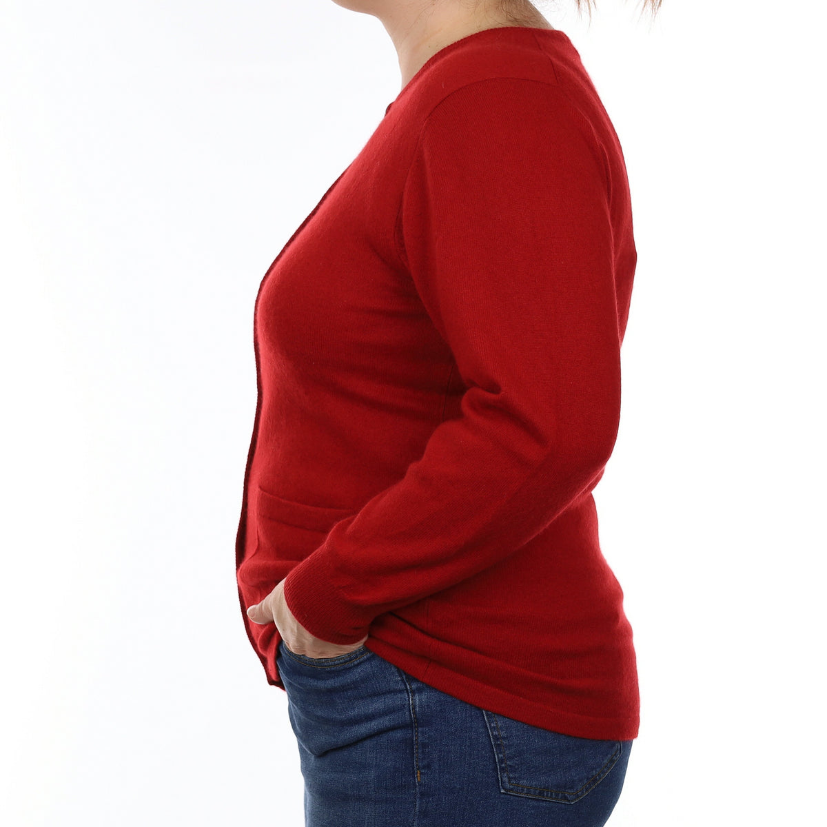 Crimson Red Cashmere Crew Neck Cardigan with Pockets Large