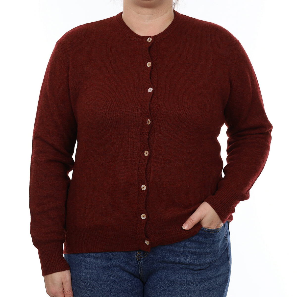 Wine Red Marl Cashmere Heavy Knit Crew Neck Cardigan Large