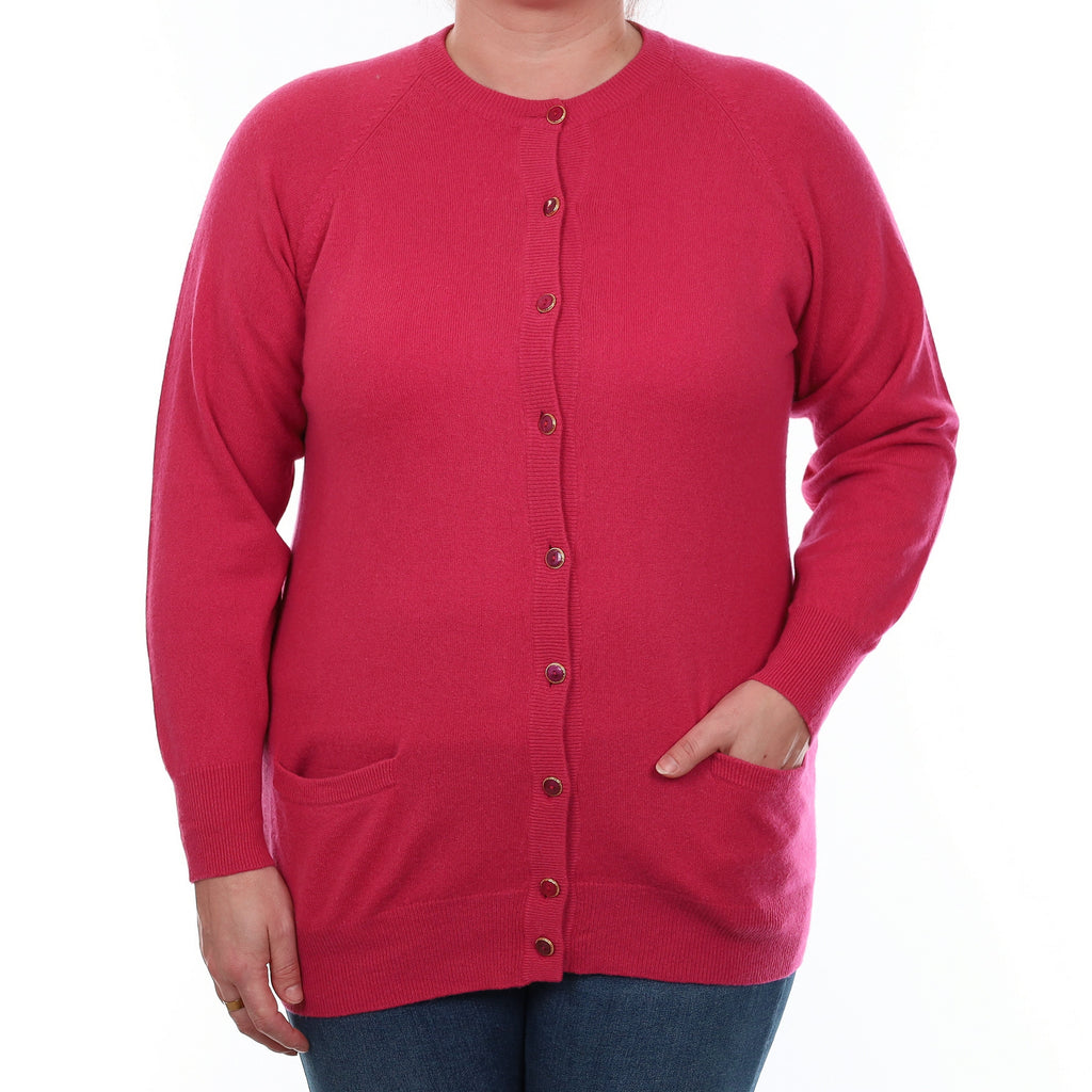 Fuchsia Pink Cashmere Longline Crew Neck Cardigan with Pockets Large