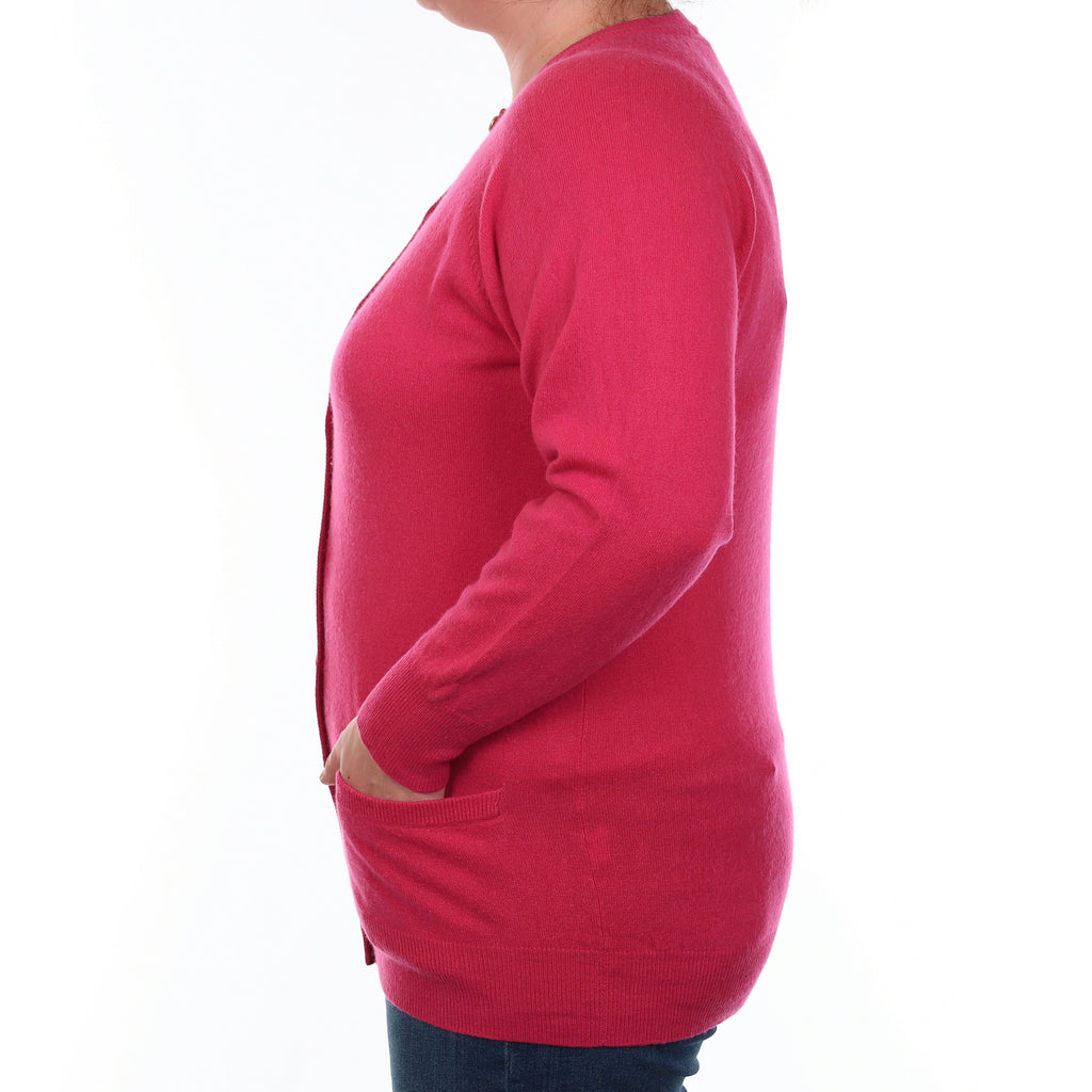 Fuchsia Pink Cashmere Longline Crew Neck Cardigan with Pockets Large