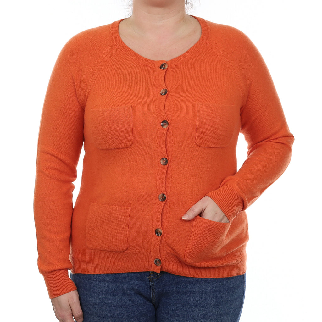 Fiery Orange Cashmere Scoop Neck Cardigan with Pockets Large