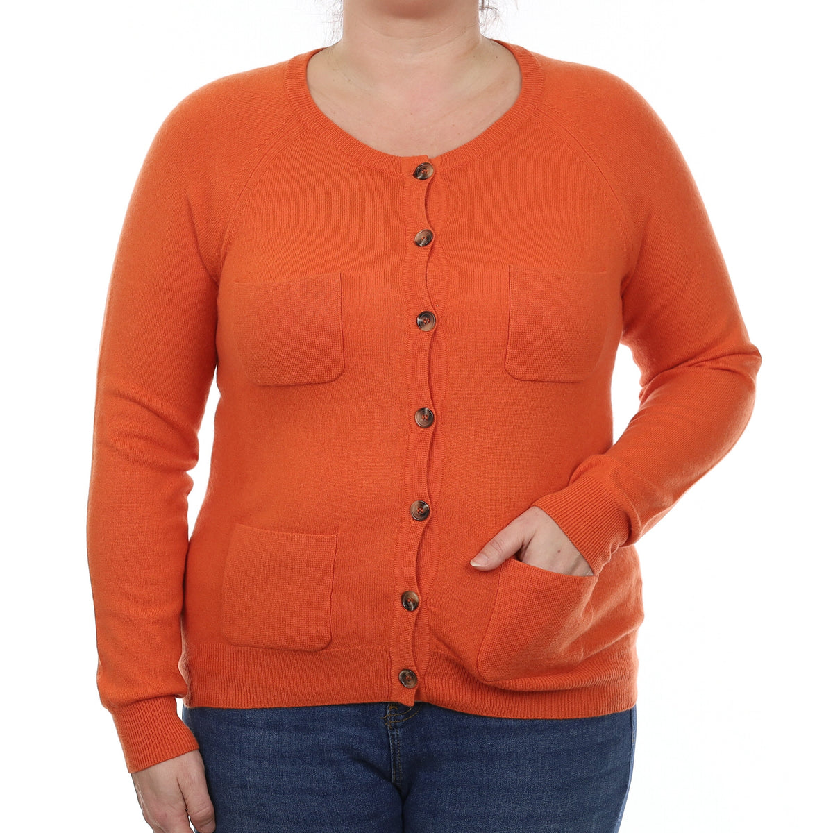Fiery Orange Cashmere Scoop Neck Cardigan with Pockets Large