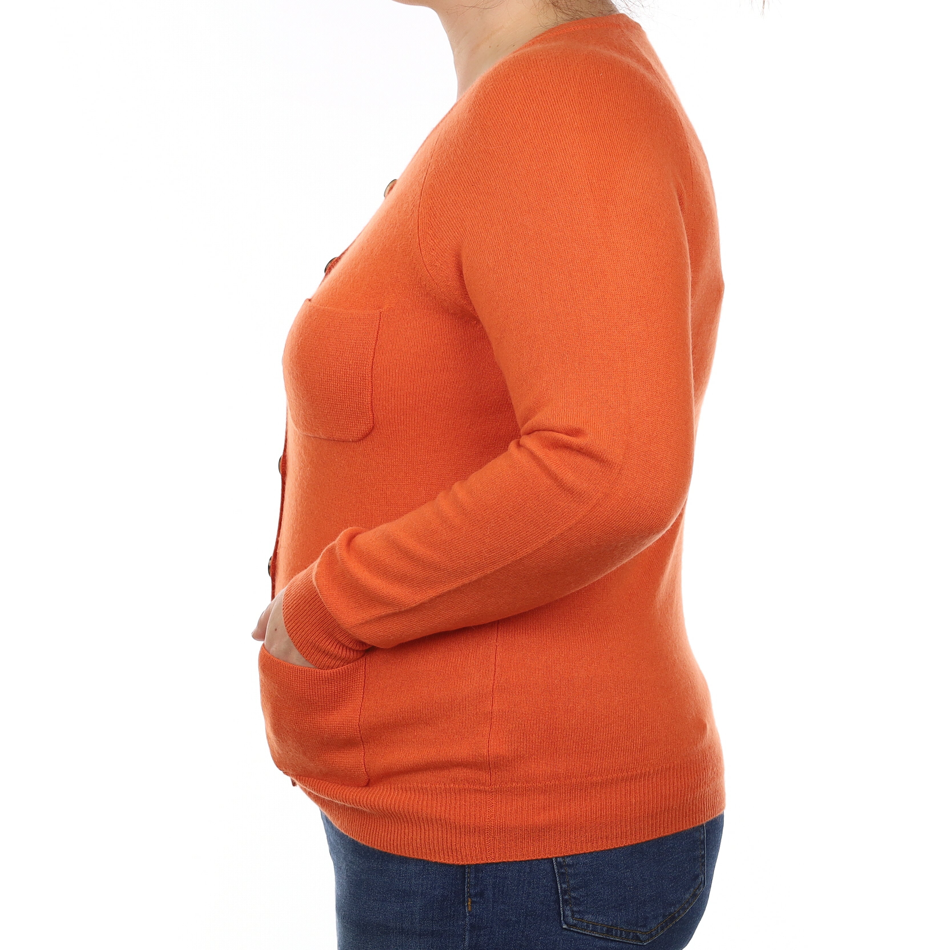Fiery Orange Cashmere Scoop Neck Cardigan with Pockets Large