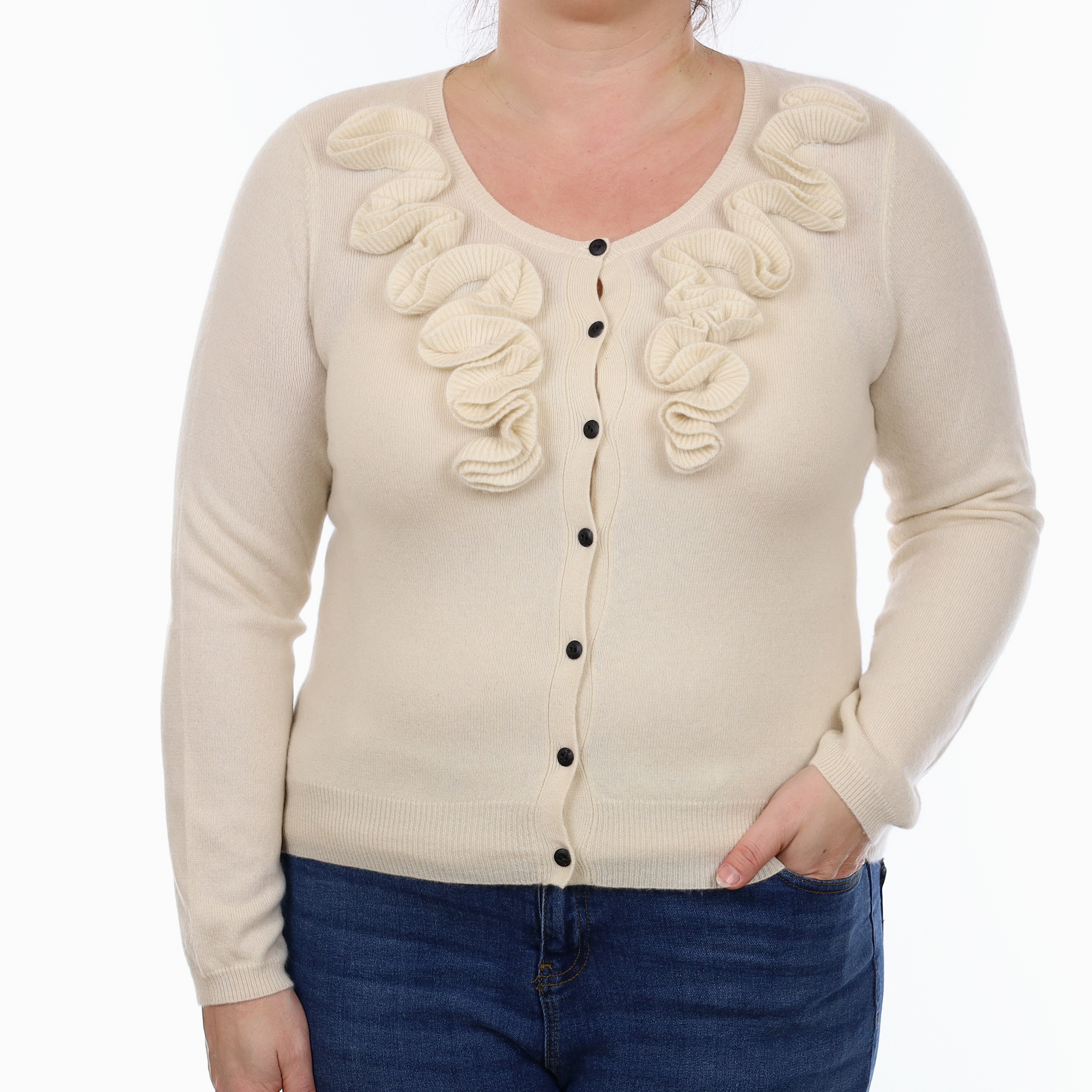 Vanilla Cream Ruffle Detail Cashmere Crew Neck Cardigan Large