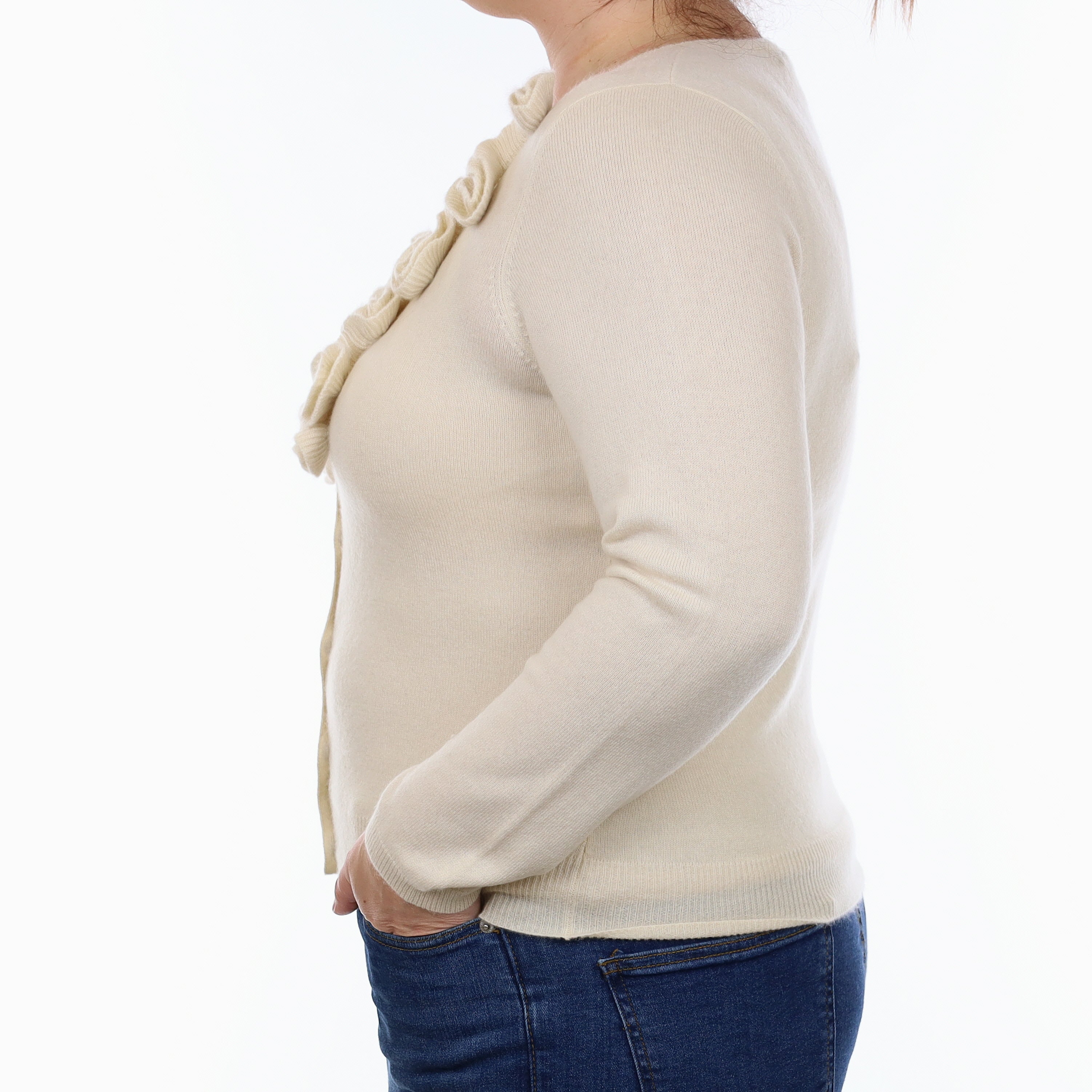 Vanilla Cream Ruffle Detail Cashmere Crew Neck Cardigan Large