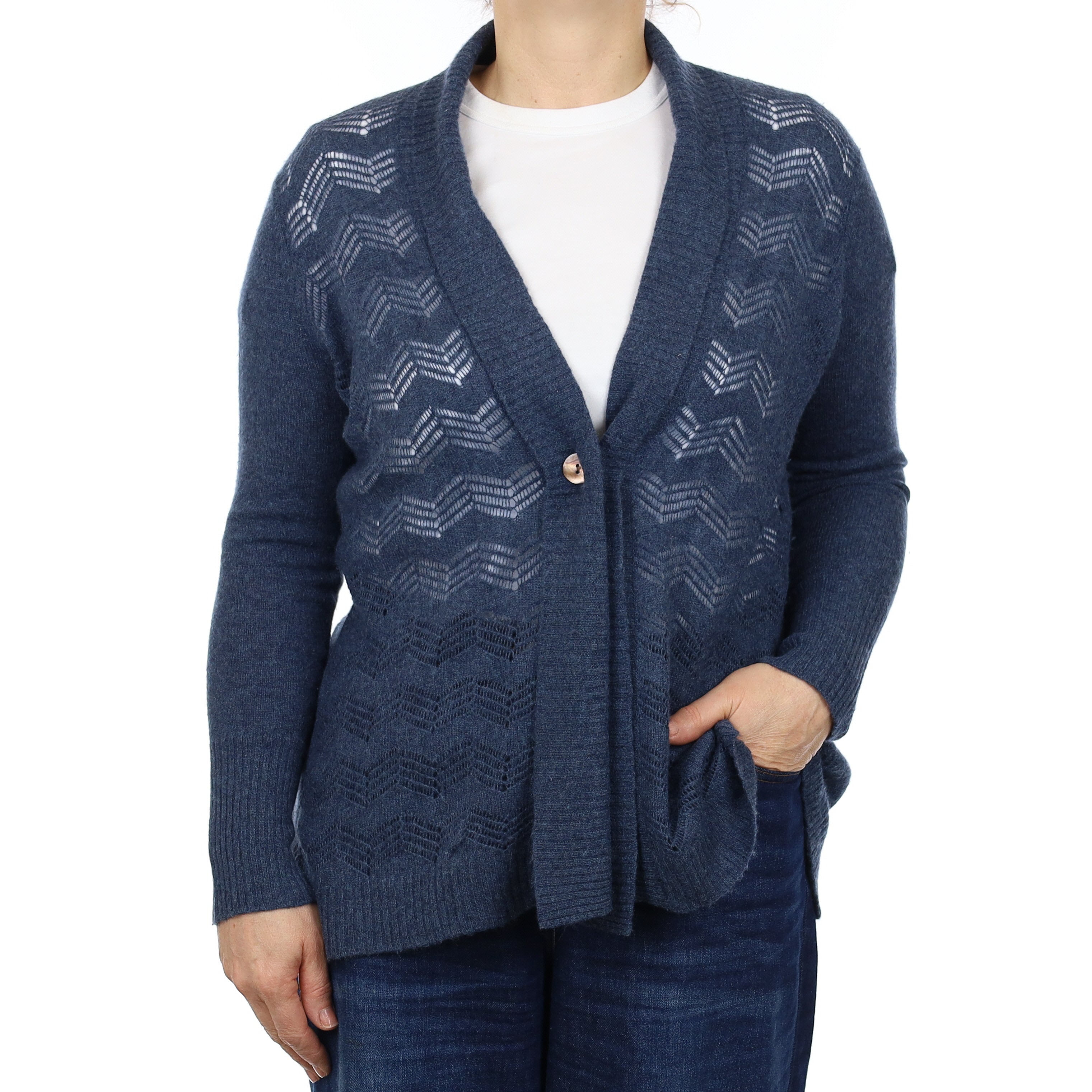 Naval Blue Lace Knit Cashmere V Neck Cardigan Medium