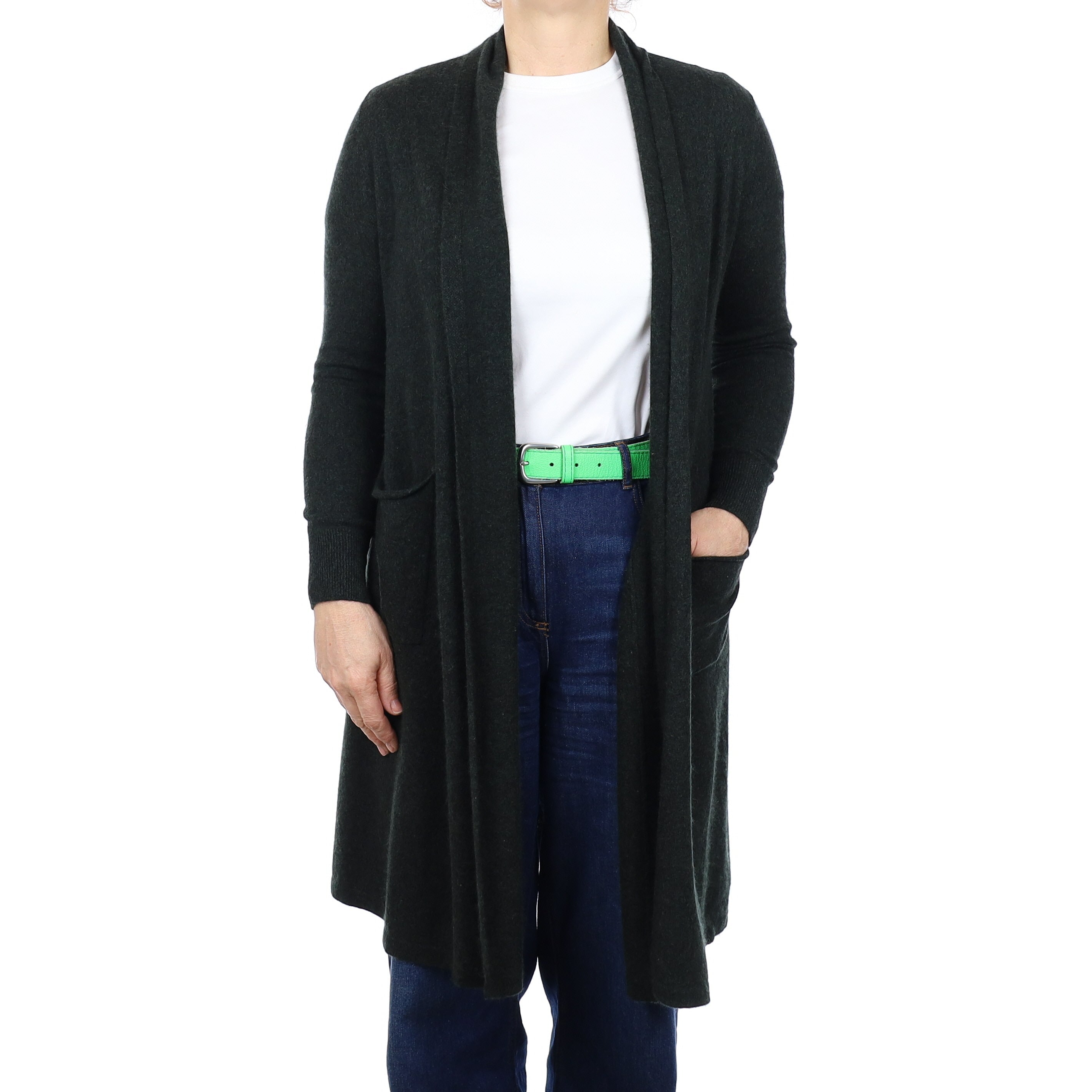 Dark Pine Green Cashmere Edge to Edge Cardigan with Pockets Medium