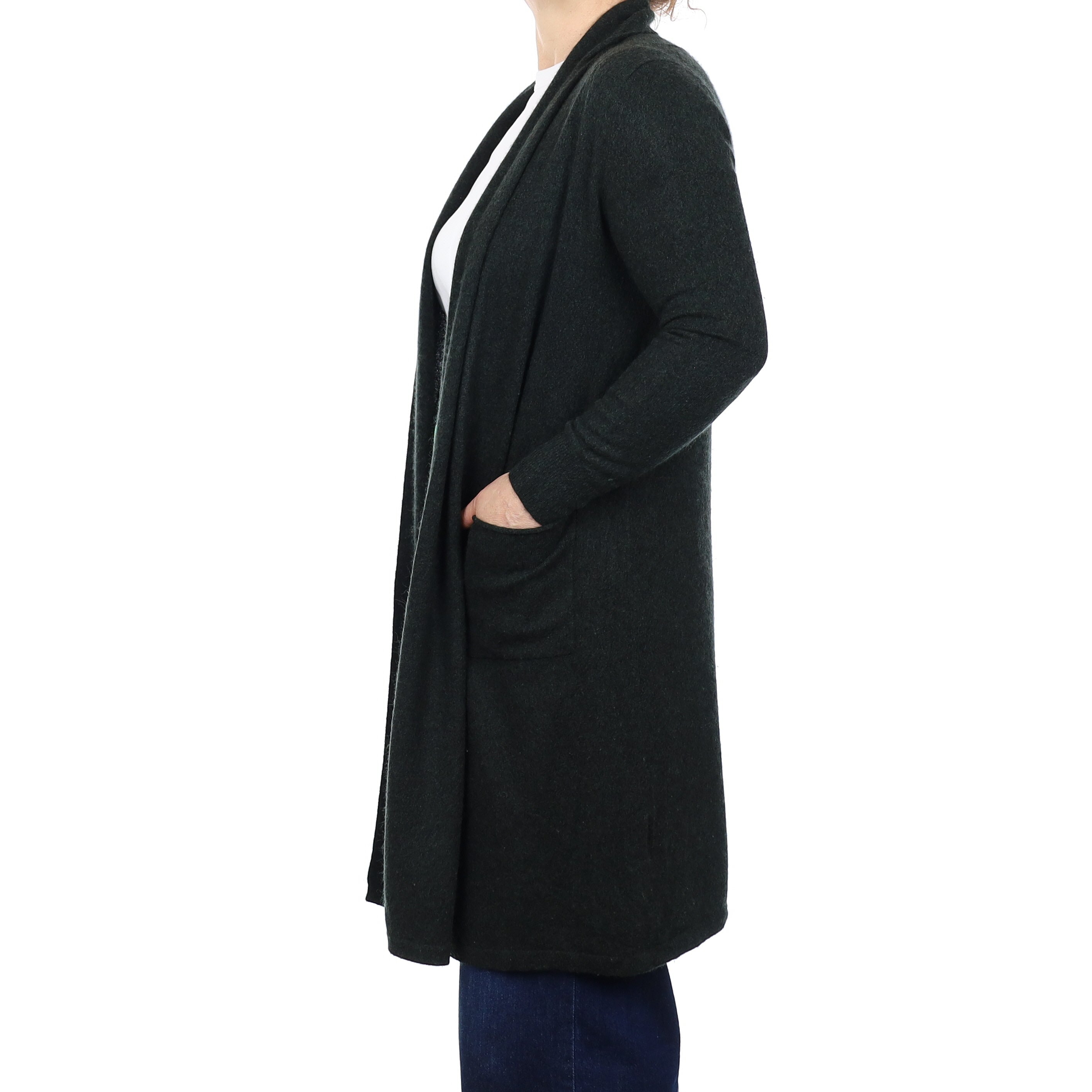Dark Pine Green Cashmere Edge to Edge Cardigan with Pockets Medium