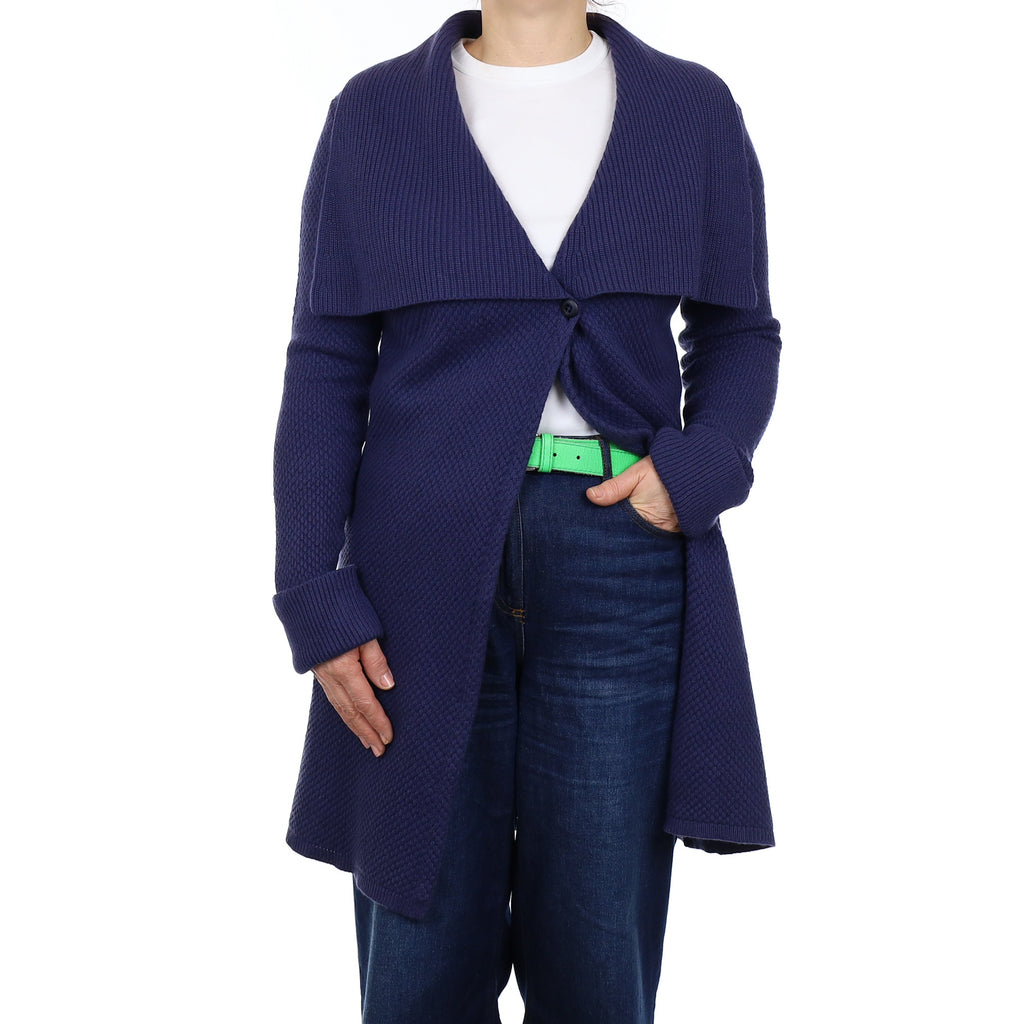 Shadow Blue Chunky Textured Cashmere Longline Collared Cardigan Medium