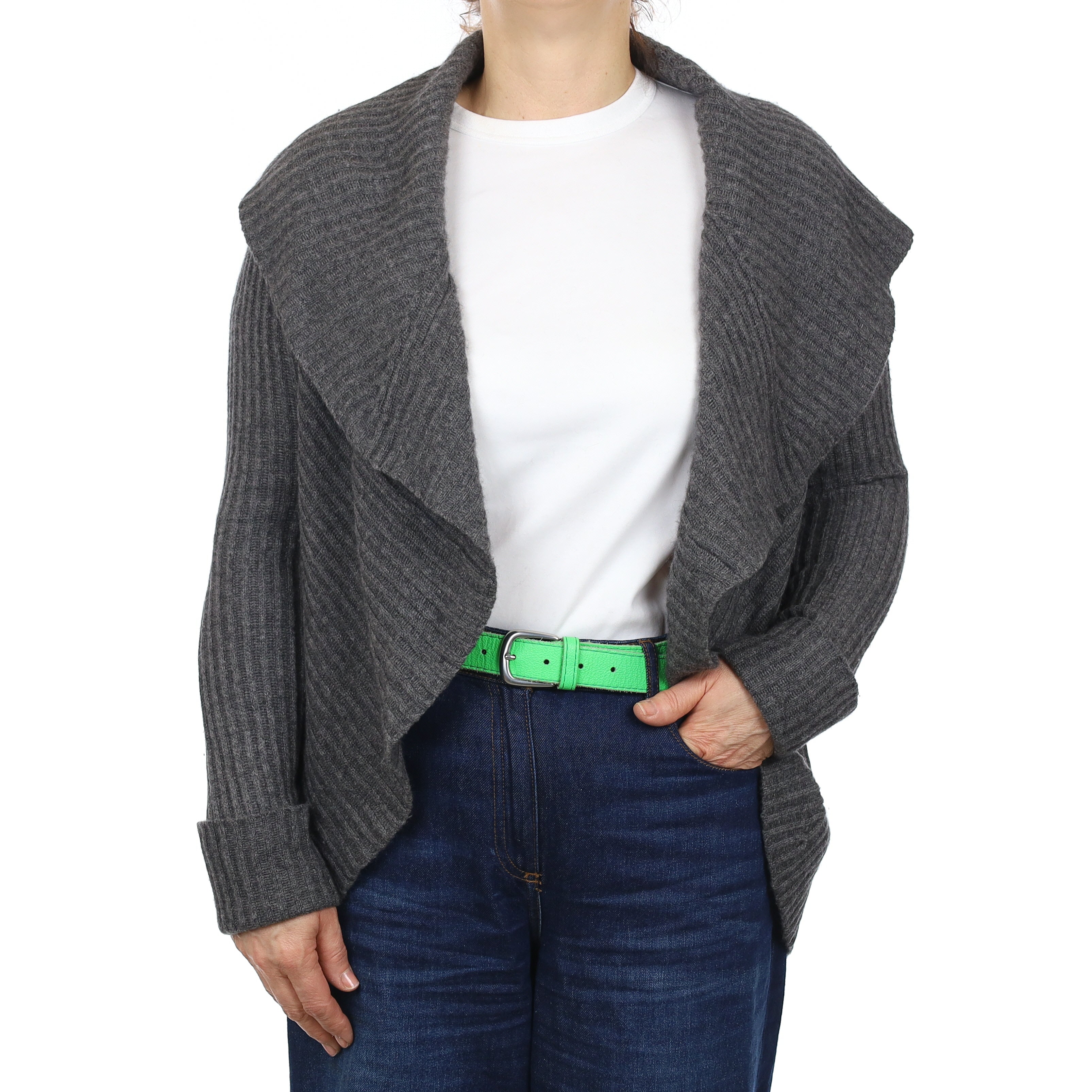 Neiman Marcus Slate Grey Rib Cashmere Collared Edge to Edge Cardigan Medium