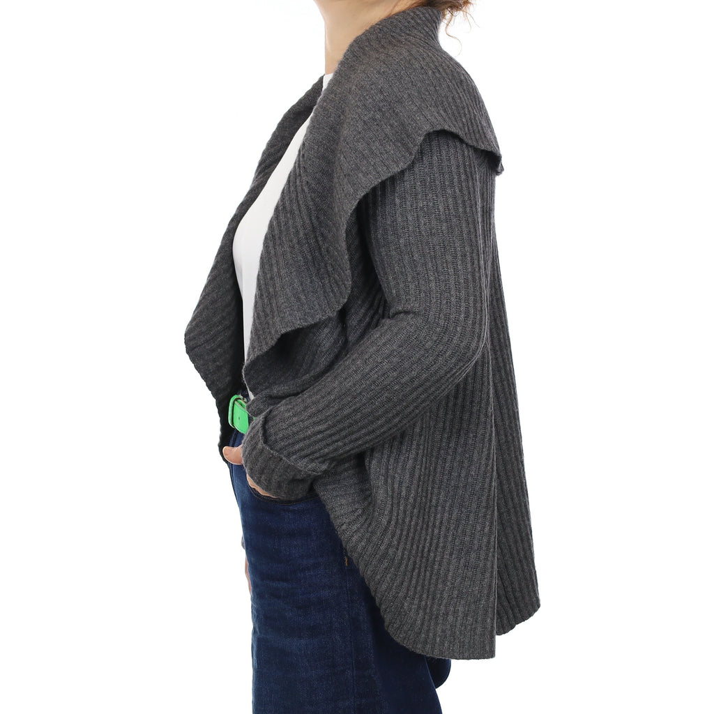Neiman Marcus Slate Grey Rib Cashmere Collared Edge to Edge Cardigan Medium
