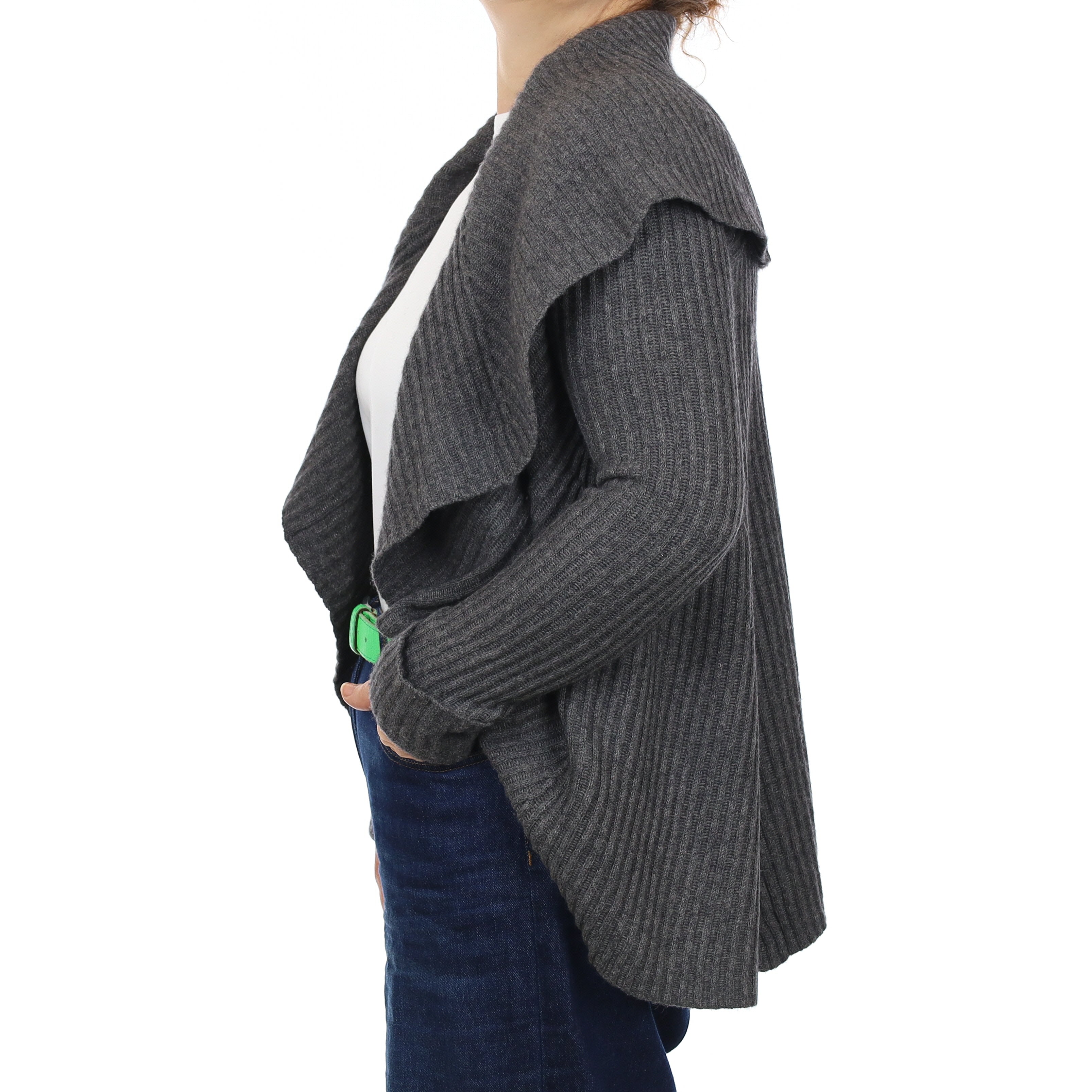 Neiman Marcus Slate Grey Rib Cashmere Collared Edge to Edge Cardigan Medium