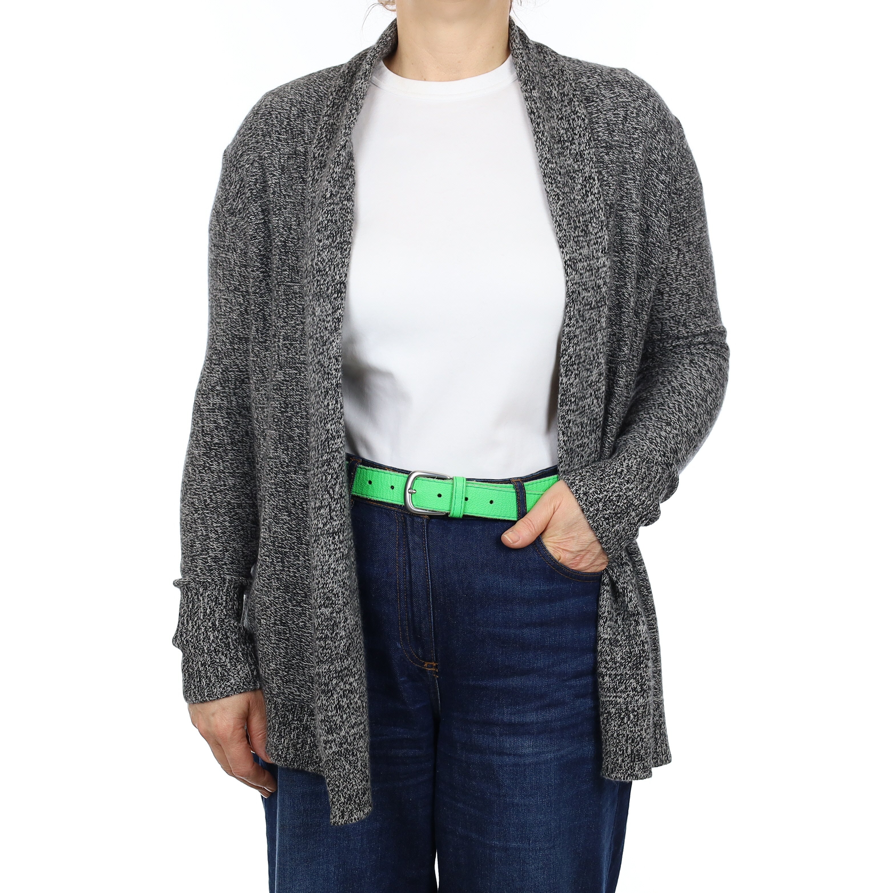 Charcoal and Ivory Marl Cashmere Edge to Edge Cardigan Medium
