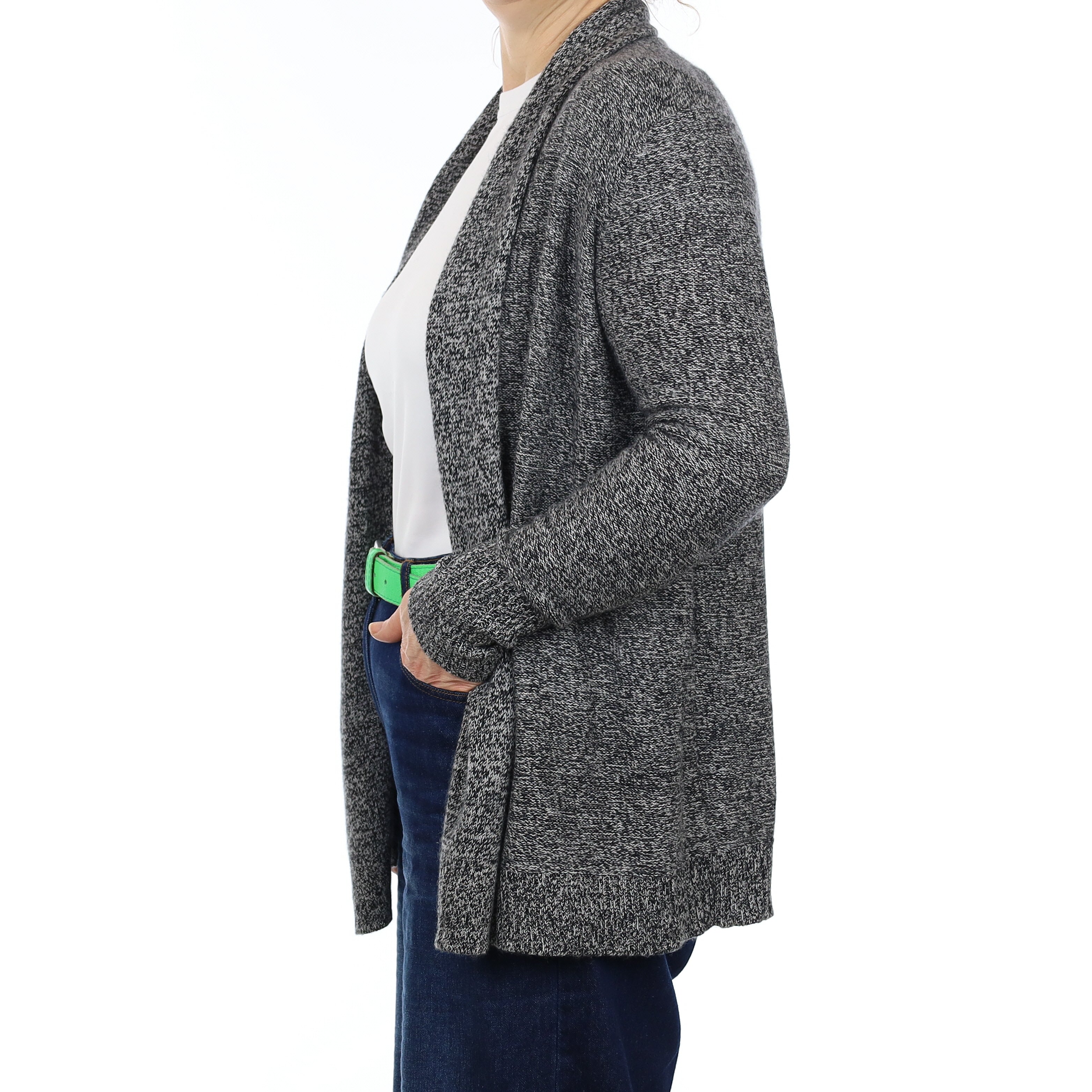 Charcoal and Ivory Marl Cashmere Edge to Edge Cardigan Medium