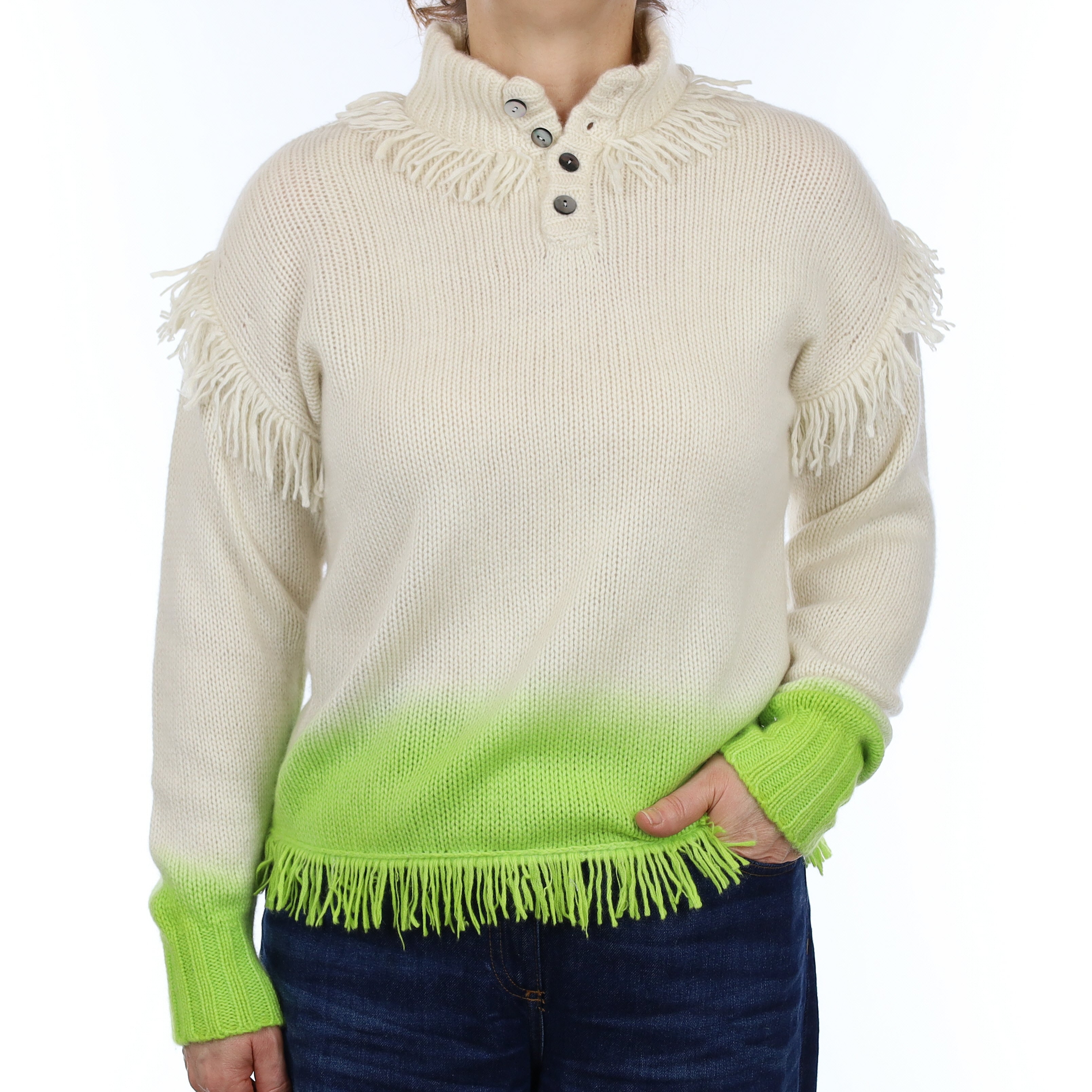 Nona Ivory and Lime Tassel Edged Cashmere 1/4 Button Jumper Medium