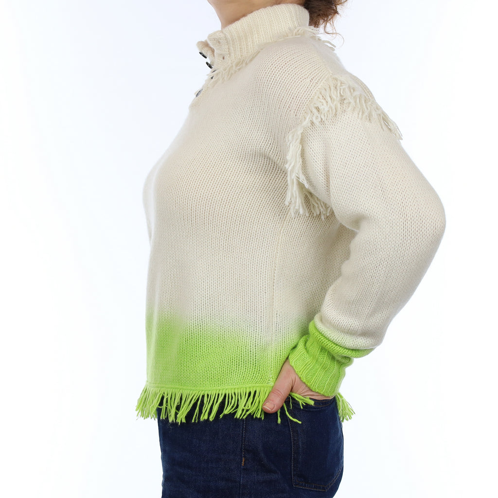 Nona Ivory and Lime Tassel Edged Cashmere 1/4 Button Jumper Medium
