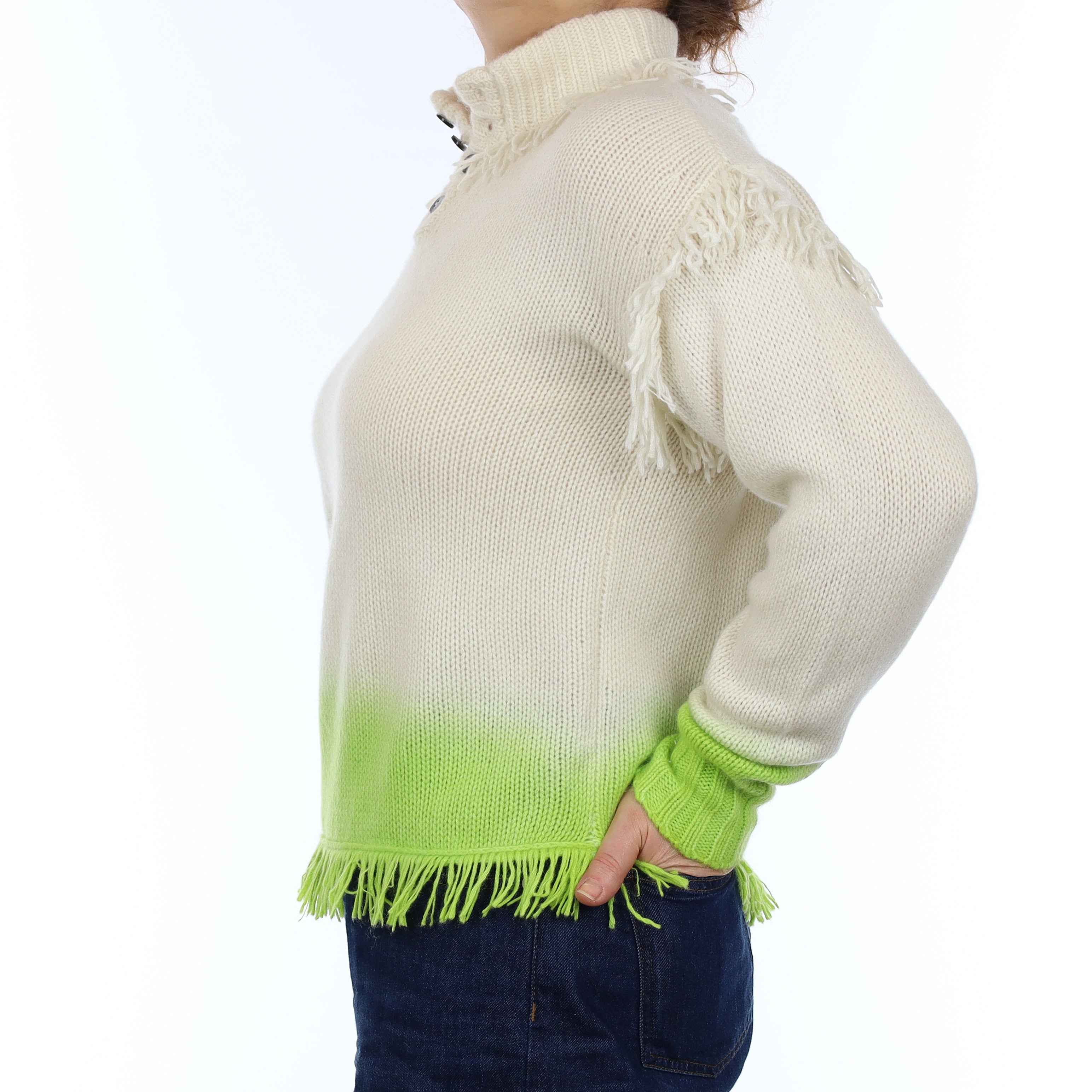 Nona Ivory and Lime Tassel Edged Cashmere 1/4 Button Jumper Medium