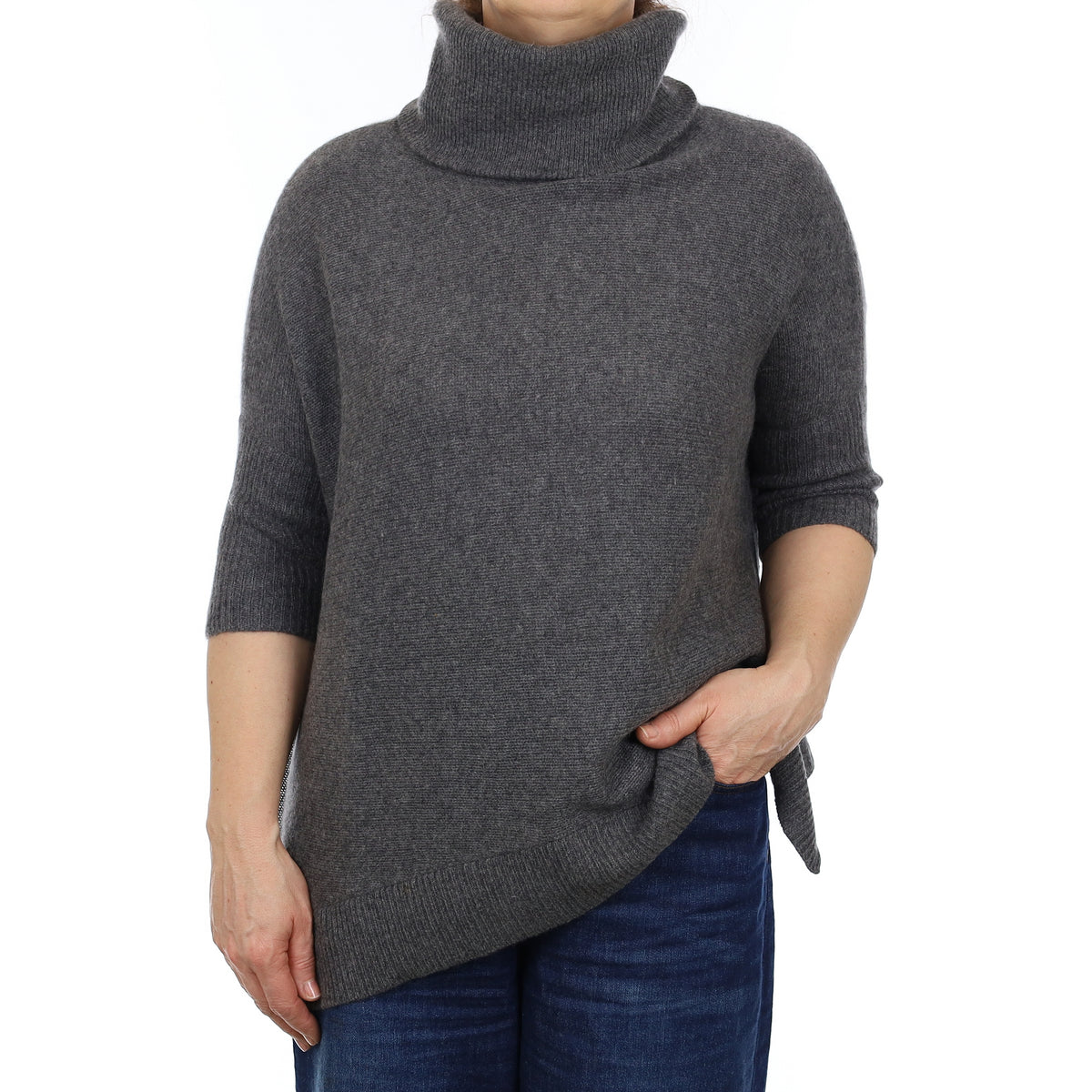 Slate Grey Heavy Knit Cashmere Slouchy Cowl Neck Jumper Medium