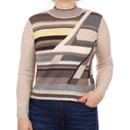 Oatmeal and Brown Patterned Cashmere Turtleneck Jumper Medium