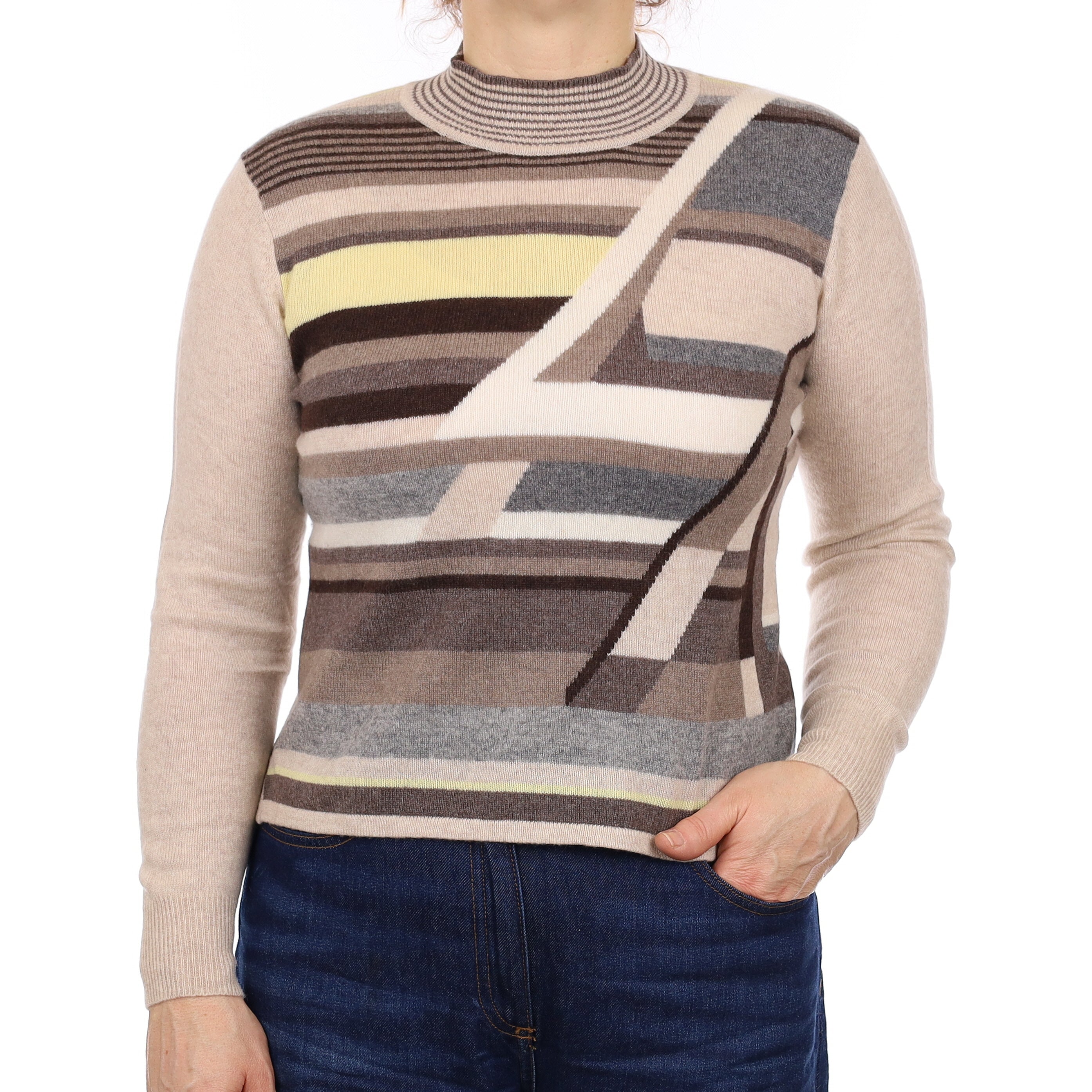 Oatmeal and Brown Patterned Cashmere Turtleneck Jumper Medium