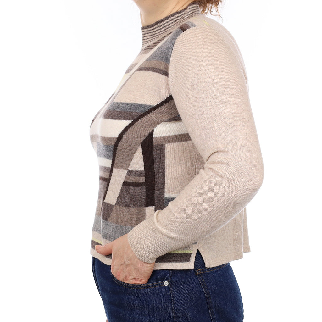 Oatmeal and Brown Patterned Cashmere Turtleneck Jumper Medium