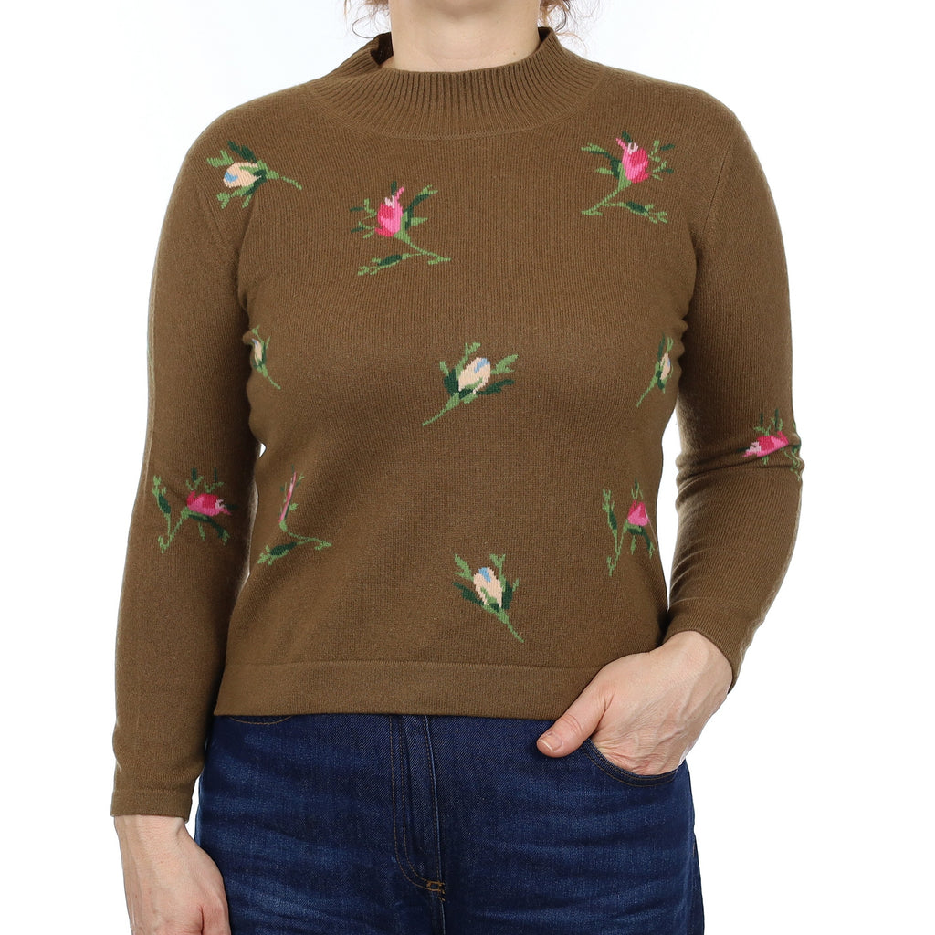 Khaki Brown Floral Cashmere Turtleneck Jumper Medium Petite