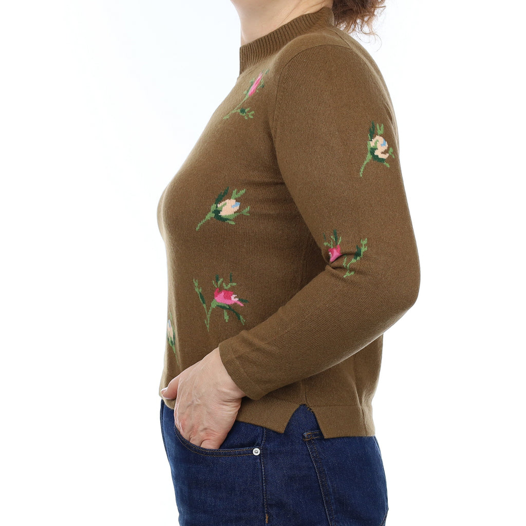 Khaki Brown Floral Cashmere Turtleneck Jumper Medium Petite