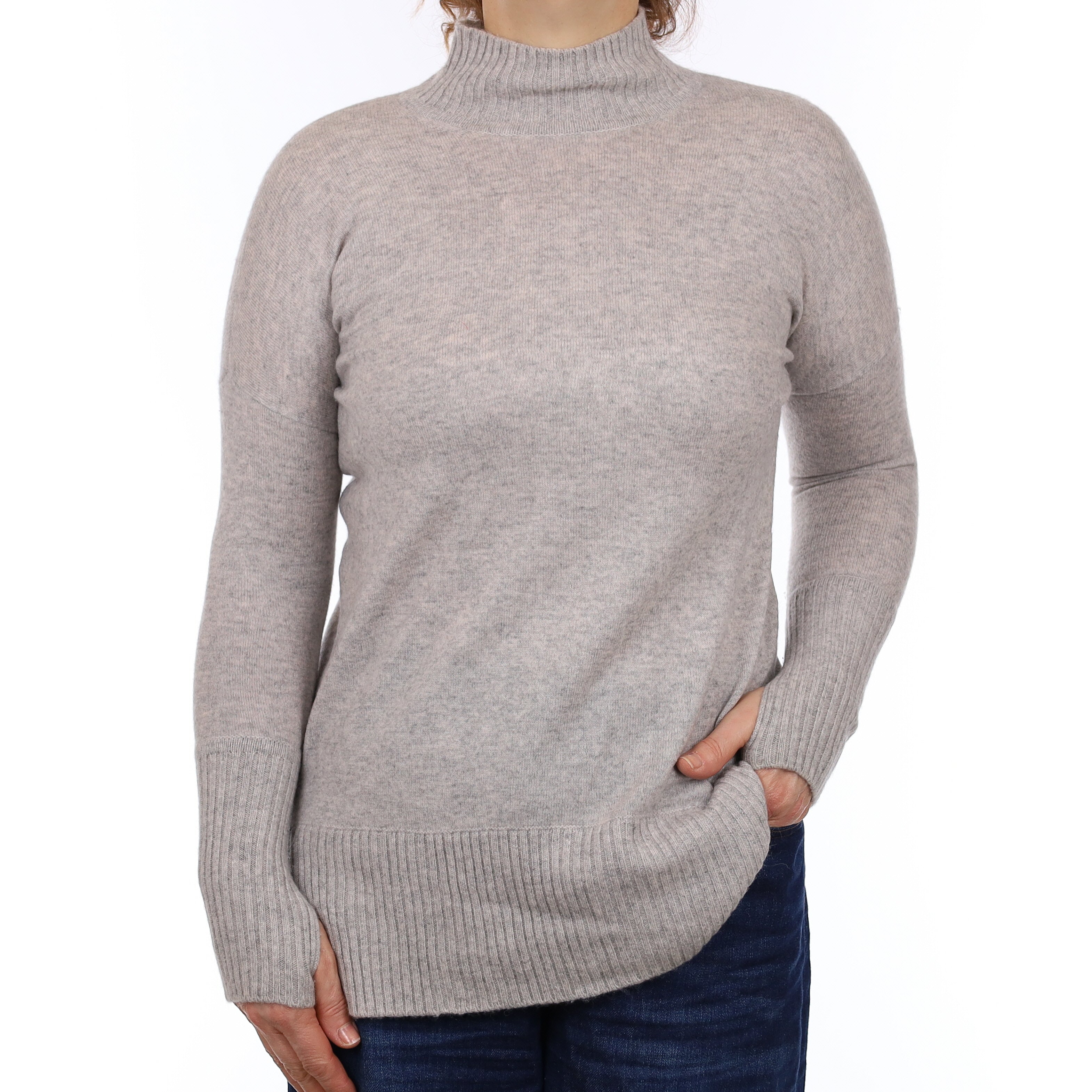 Mist Grey Cashmere Longline Turtleneck Jumper Medium