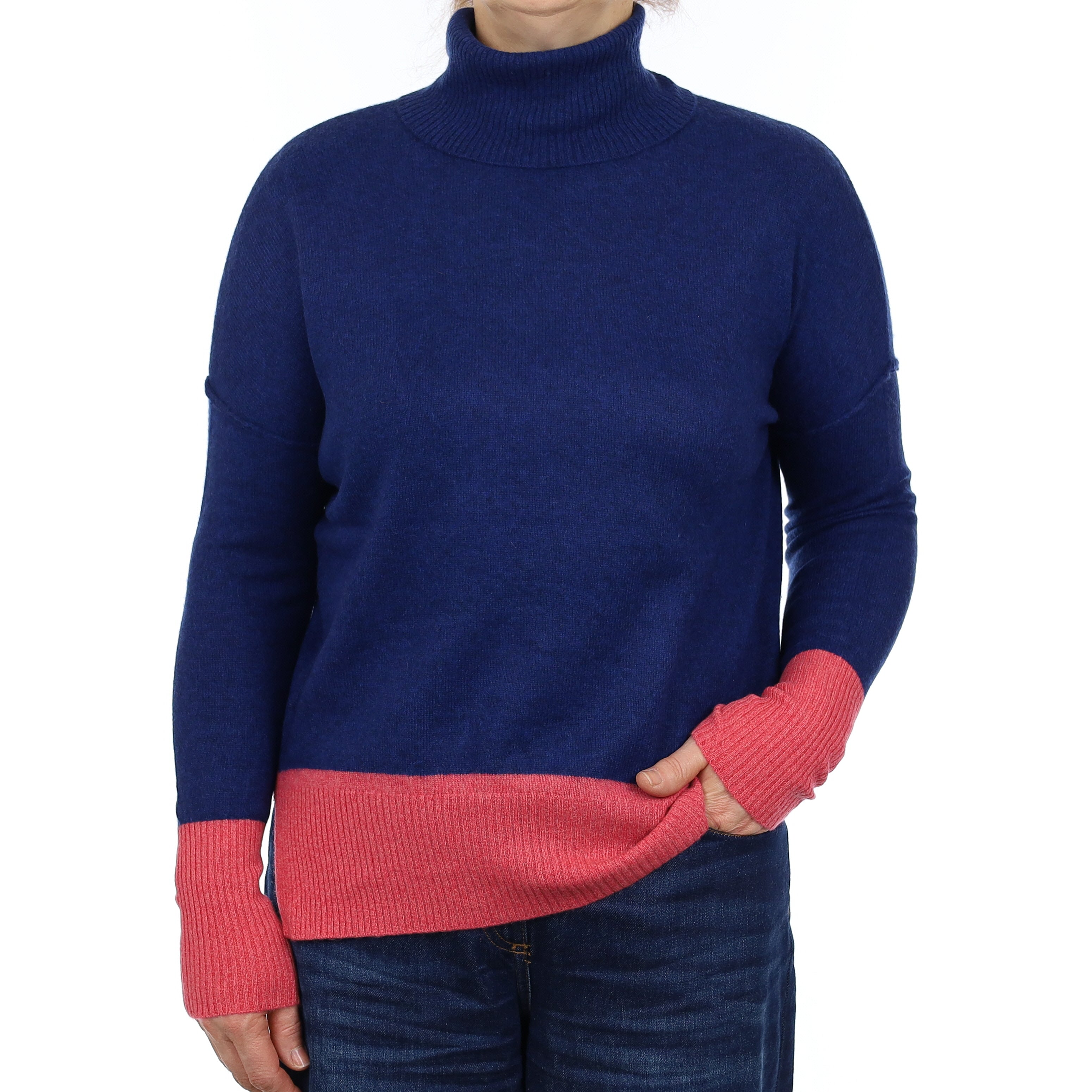 Deep Blue and Pink Cashmere Slouchy Polo Neck Jumper Medium