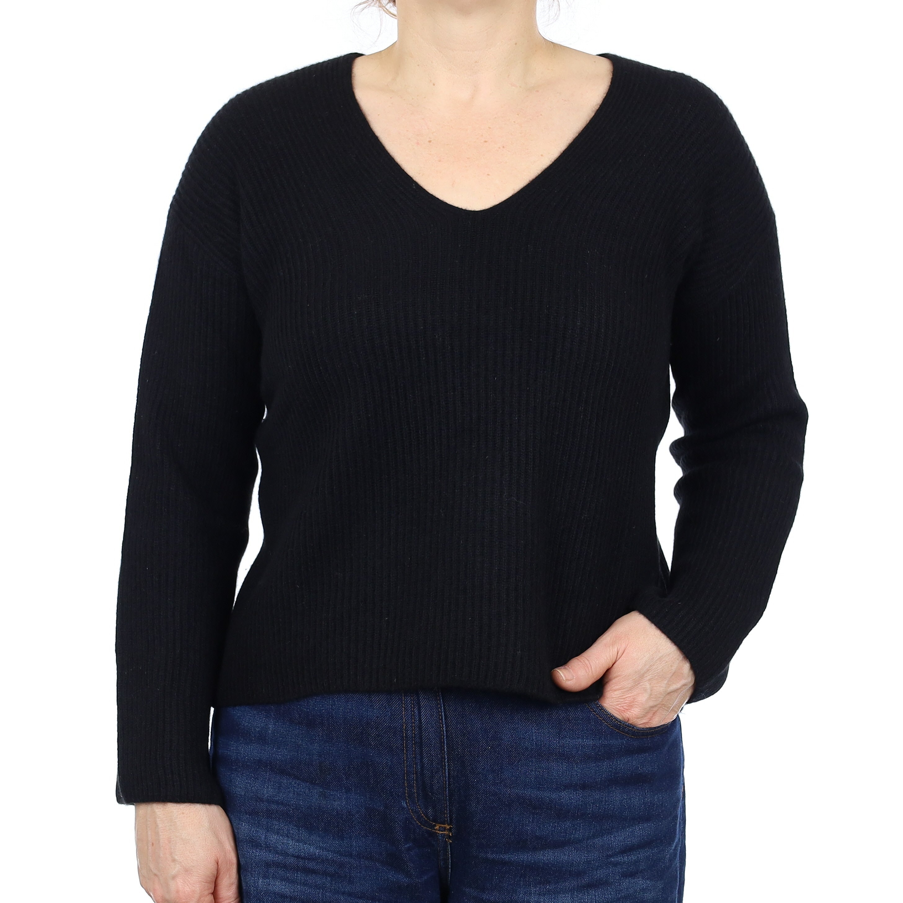 Everlane Black Chunky Rib Cashmere V Neck Jumper Medium