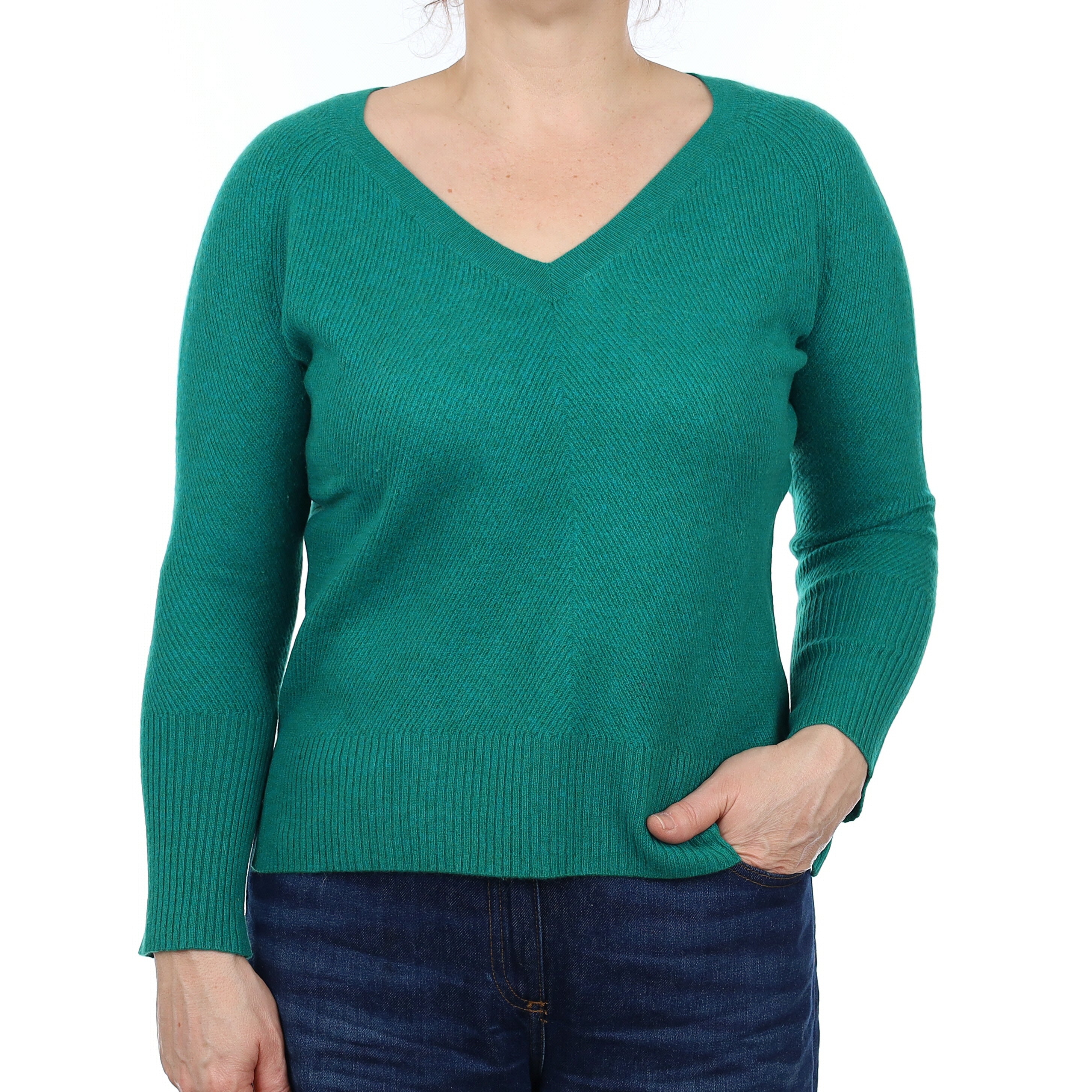 Peacock Green Textured Cashmere V Neck Jumper Medium