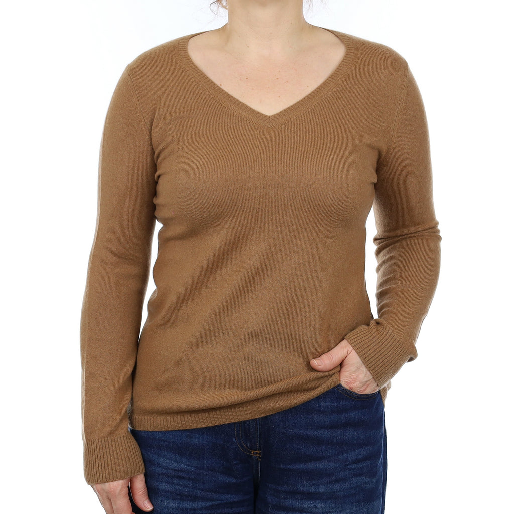 Cinnamon Brown Cashmere V Neck Jumper Medium