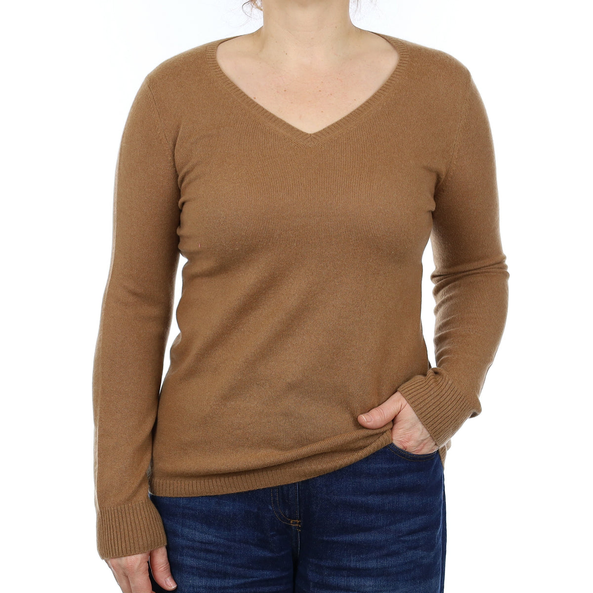 Cinnamon Brown Cashmere V Neck Jumper Medium