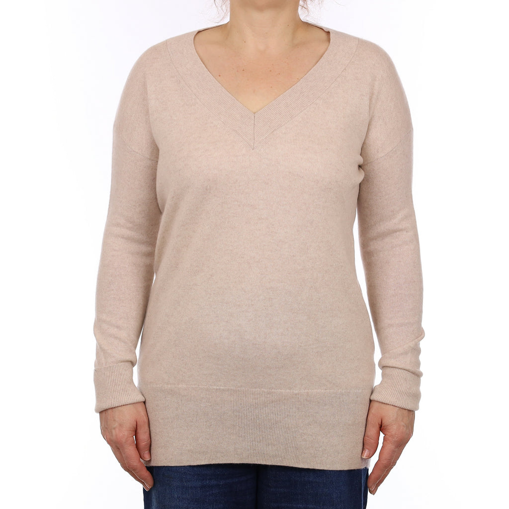 Oatmeal Cashmere Longline V Neck Jumper Medium